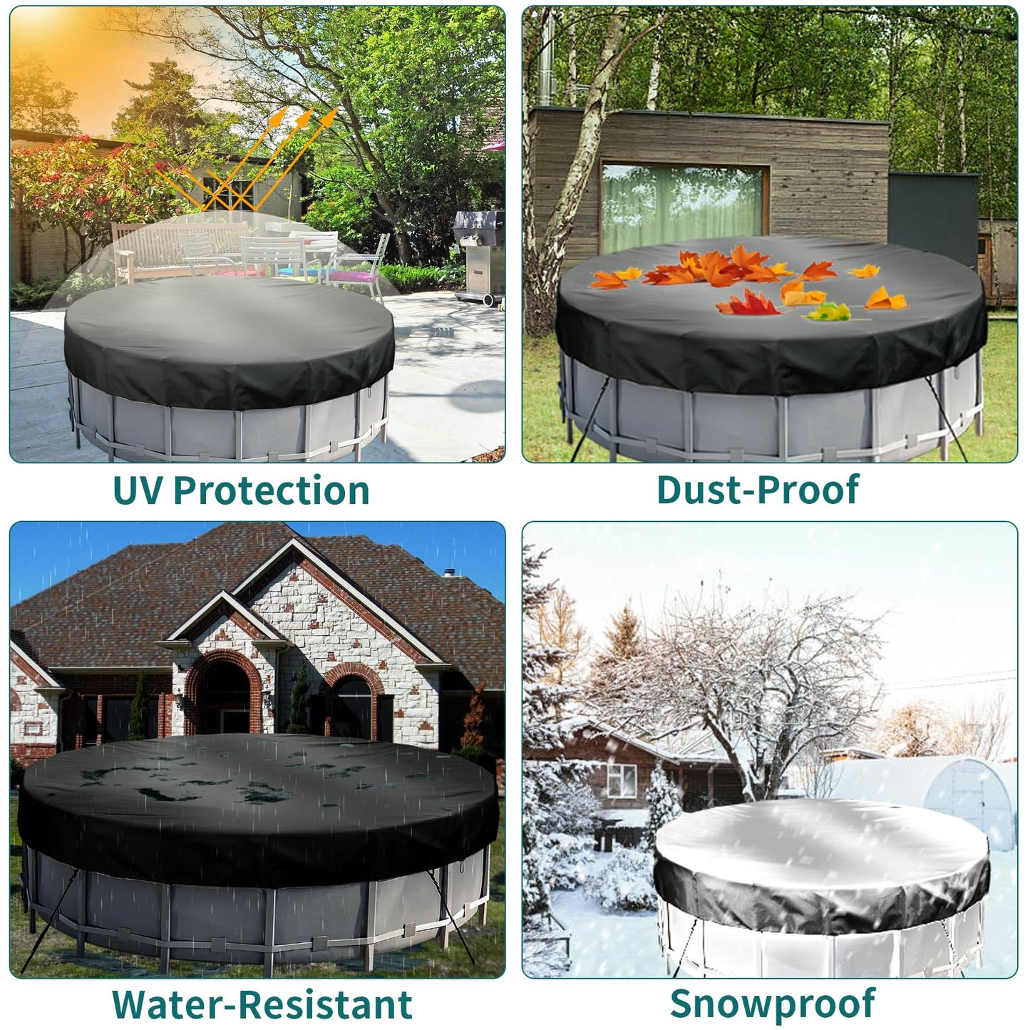 12FT Round Swimming Pool Cover, Heavy Duty 420D Oxford Fabric Garden Swimming Pool Dust Cover with Drawstring, Waterproof Round Pool Cover with Windproof Ropes and Ground Stakes