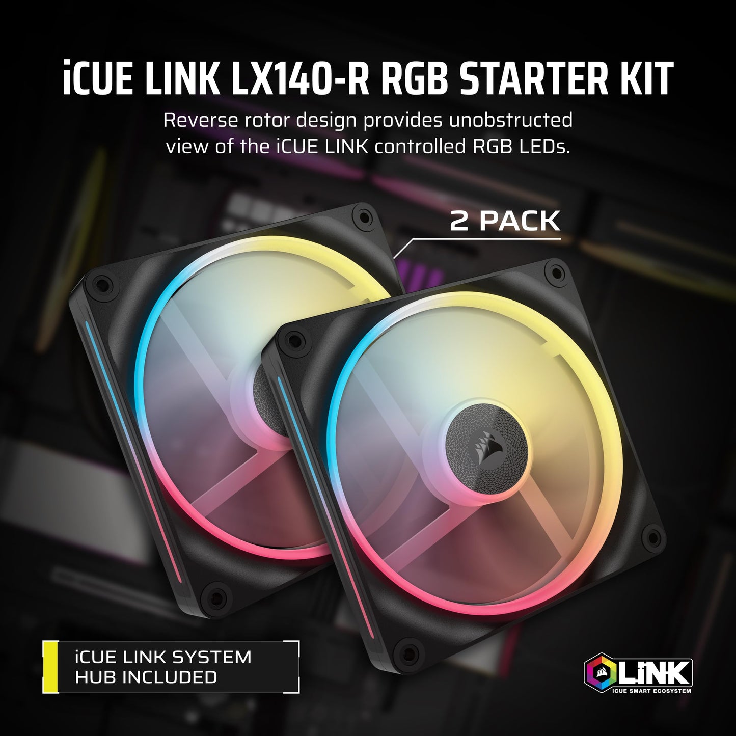 CORSAIR iCUE Link LX140-R RGB 140mm PWM Reverse Fans – Dual Fan Kit – Low-Noise, CORSAIR Magnetic Dome Bearing, Dual Light Loops, CORSAIR QuikTurn™ Screws, Zero RPM Mode – Black