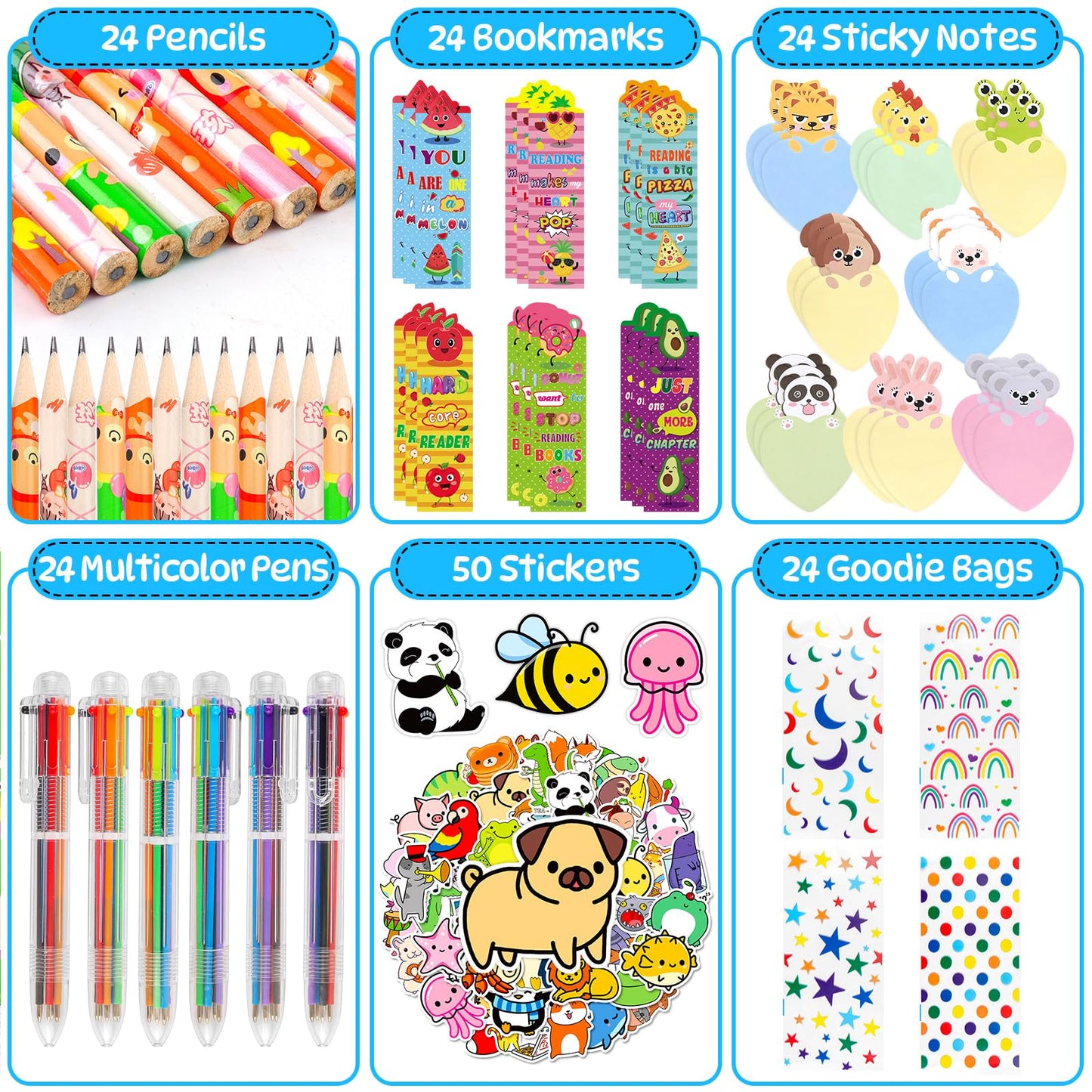 Loot Bags for Kids Birthday, 24Pack Stationery Party Favors with 6-in-1 Multicolor Pens Pencils Sticky Notes Stickers Bookmarks for Goodie Bags Birthday Classroom Gifts Rewards