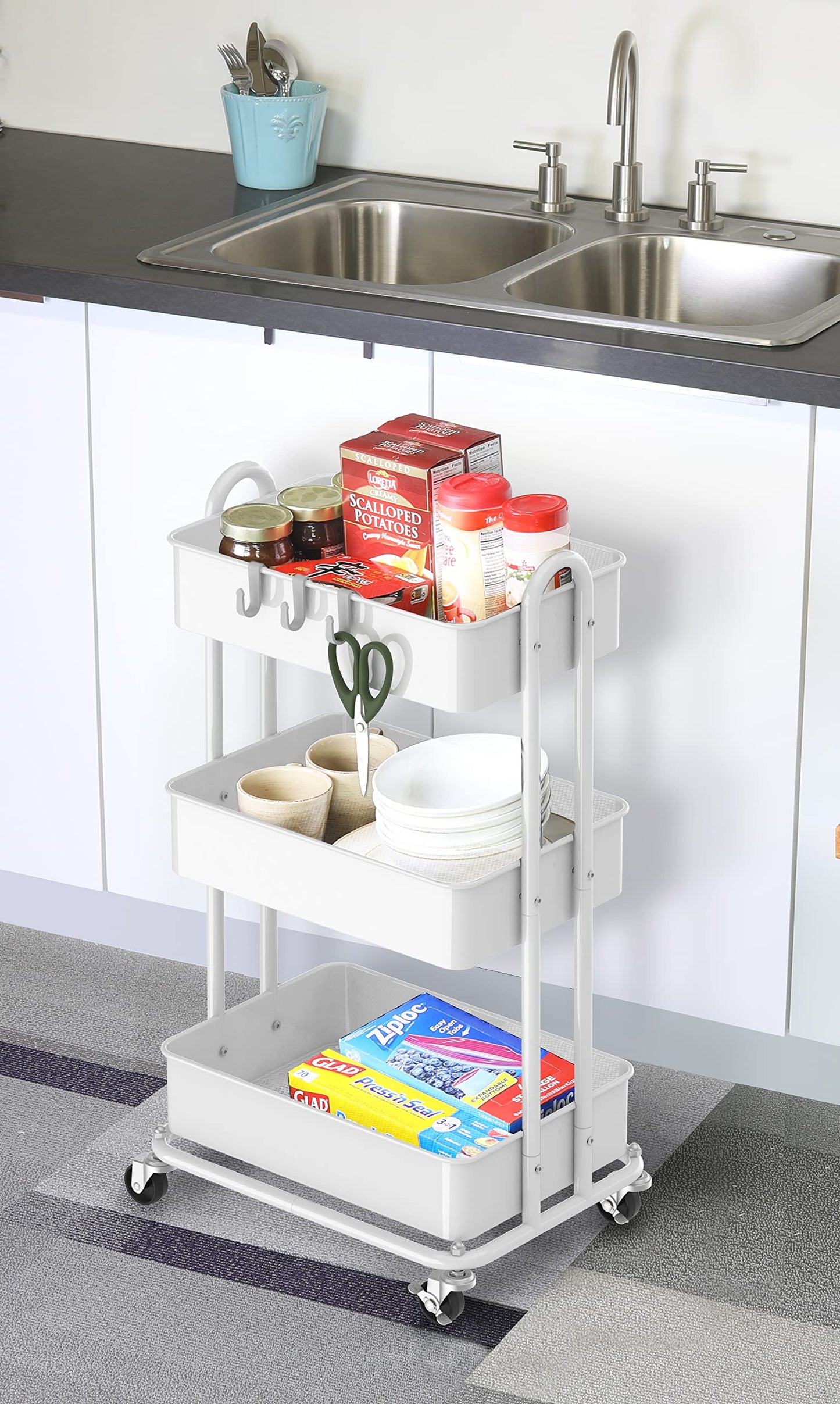 Simple Houseware 3-Tier Kitchen Cart Metal Utility Rolling Cart, White