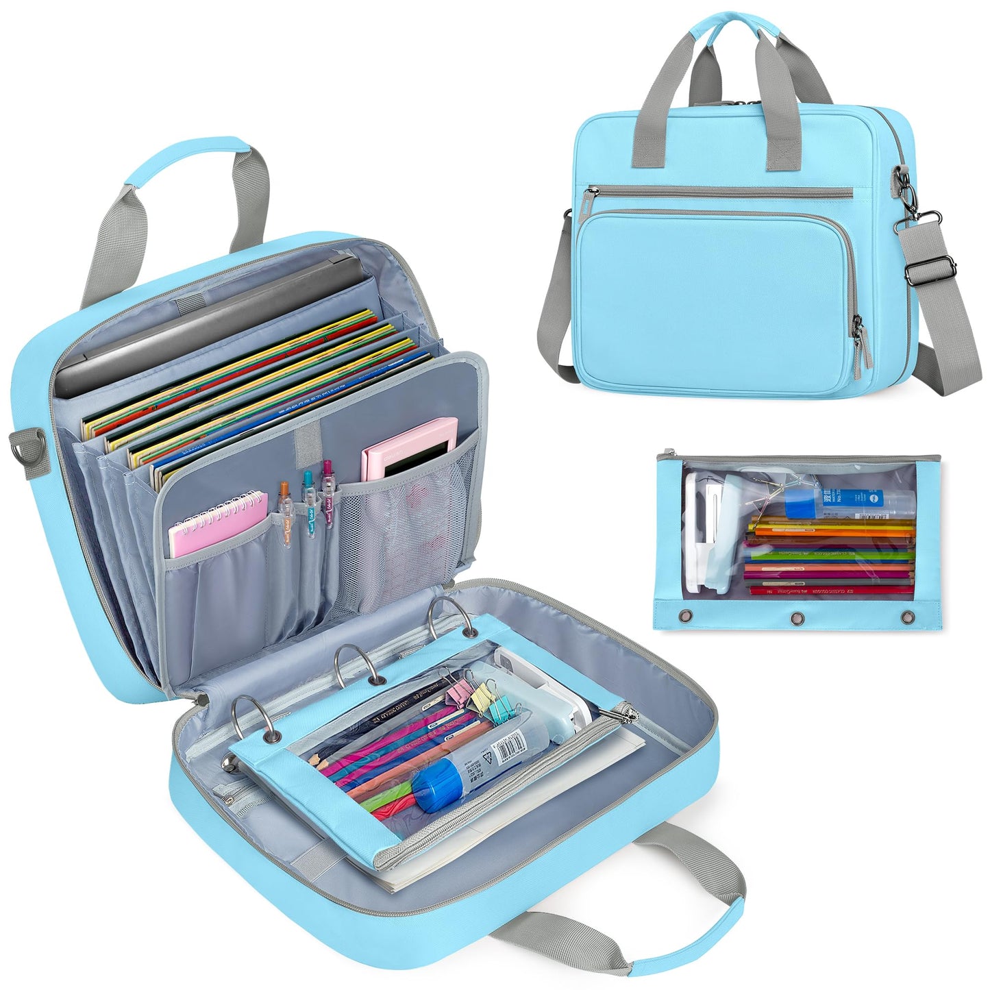 Yarwo 3 Ring Zipper Binder with Binder Pencil Pouch, Expanding File Organizer with Padded Sleeve Fit for 14 Inch Laptop, Portable Document Organizer Bag for Home, College, Office Supplies, Blue