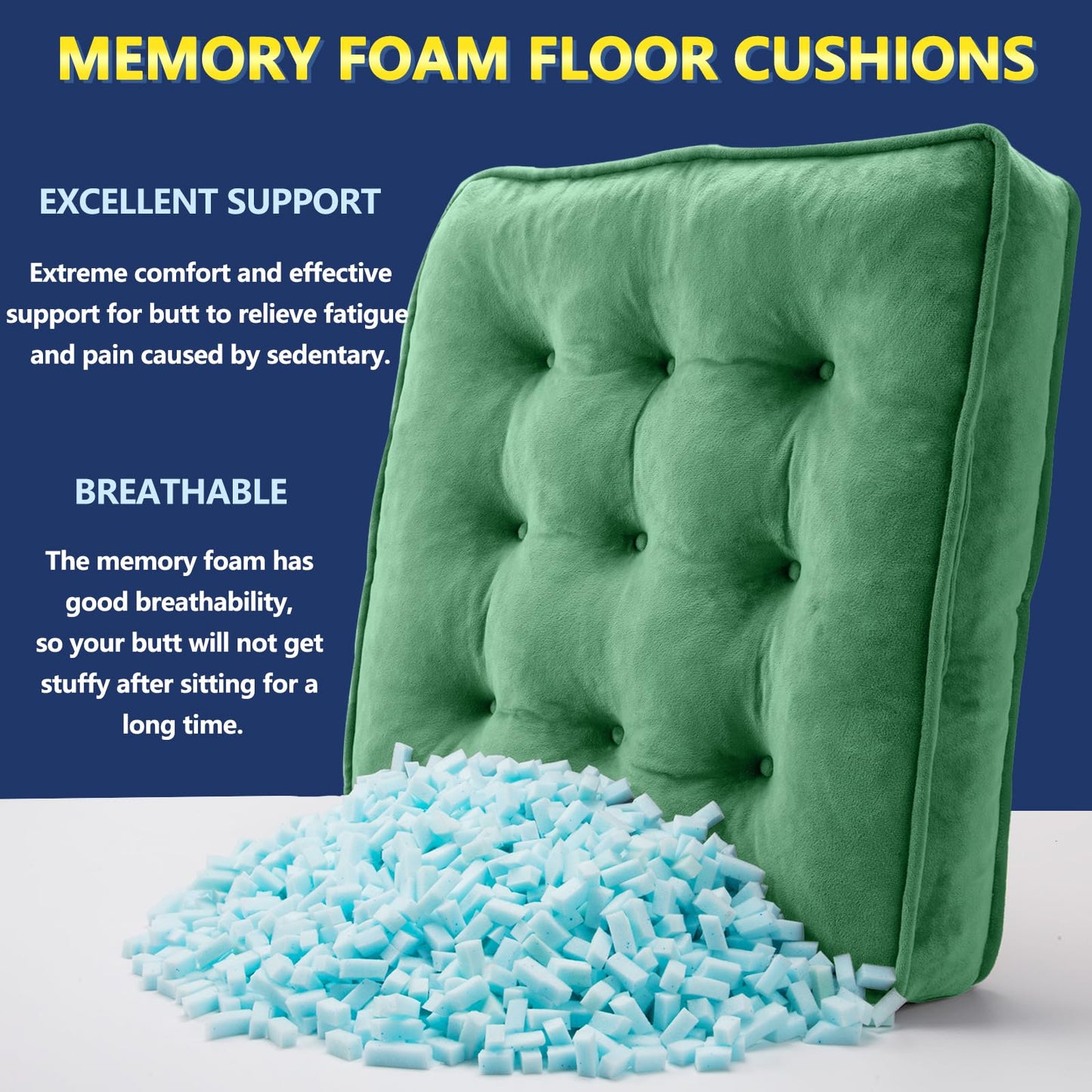 1 MIDDLE ONE Floor Pillow Set of 2, Memory Foam Meditation Cushion, Floor Cushions for Adults Sitting, Large Square Seat Cushions for Yoga, Living Room, 20x20 Inch (Green)