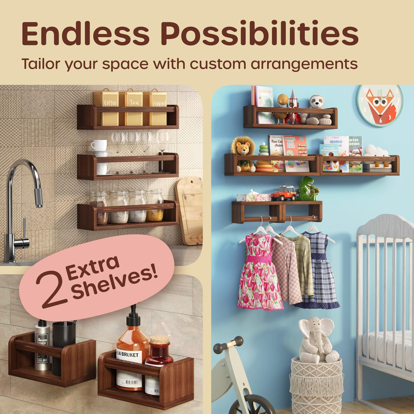 5-in-1 Floating Nursery Book Shelves for Wall (3 Long + 2 Mini) Solid Pine Wood Nursery Shelves, Wall Bookshelf for Kids Room, Toys & Books Display, Baby Shelf (Walnut)