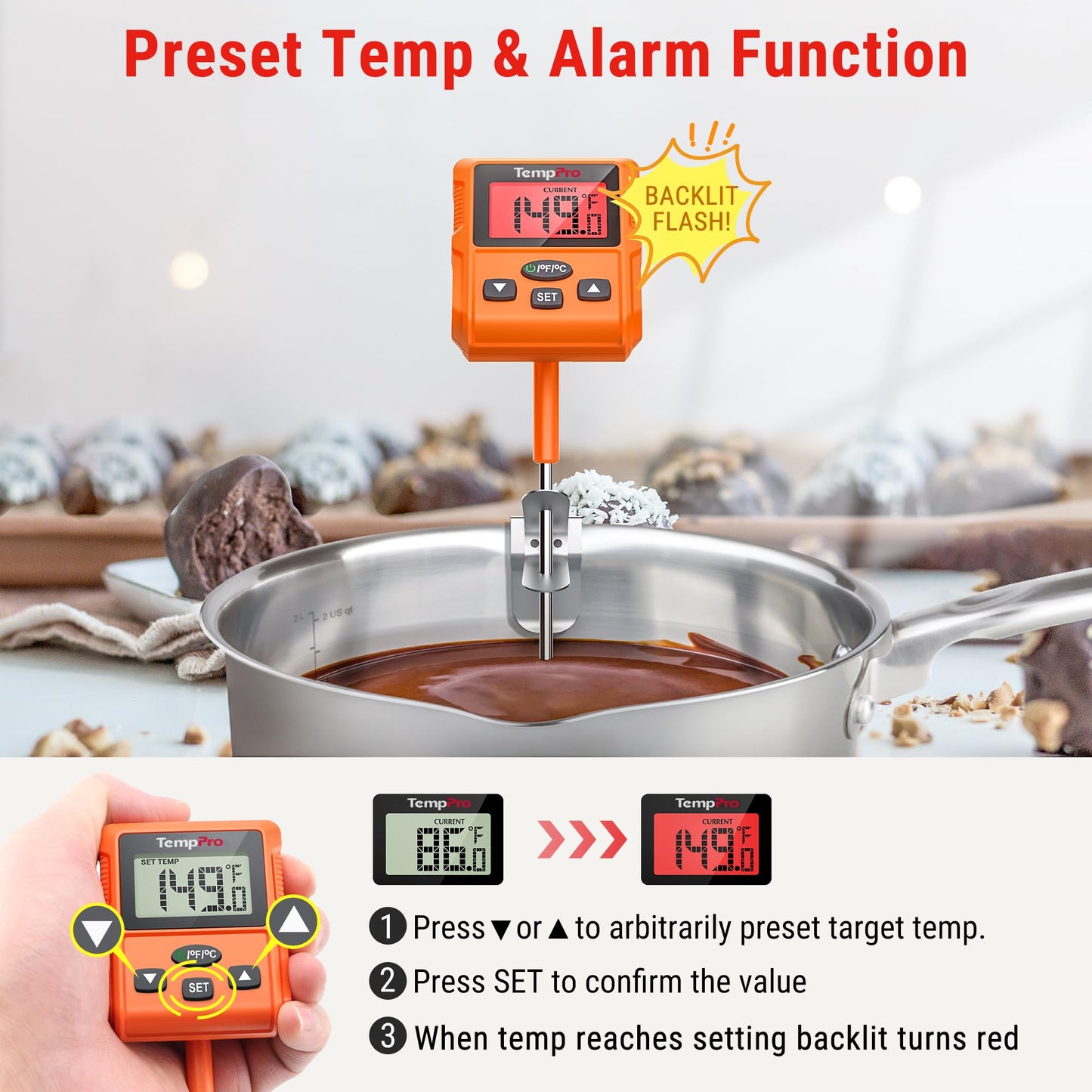 TempPro TP511 Digital Candy Thermometer with Pot Clip, Programmable Instant Read Food Meat Thermometer with 10'' Long Probe for Baking Grilling Candle Oil Deep Fry Thermometer(Previously ThermoPro)