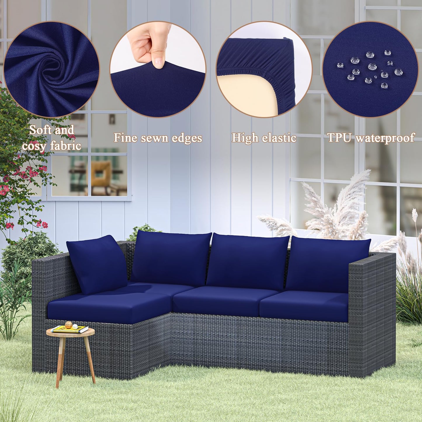 U'Artlines 8Pcs Stretch Patio Cushion Covers Replacement, Waterproof Elastic Outdoor Cushion Covers Washable Sofa Cushion Covers Slipcovers for Outdoor Furniture Backyard (Blue, Cover Only)