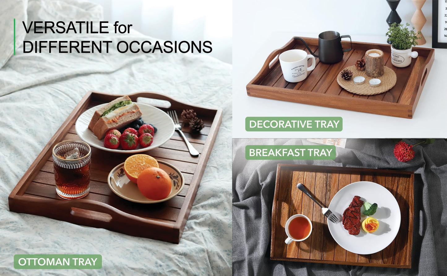 Large Acacia Wooden Serving Tray with Handles 50.5 x 35.3 cm Decorative Coffee Table Ottoman Tray for Living Room Extra Large for Dinner Food Bar Breakfast in Bed (Natural)