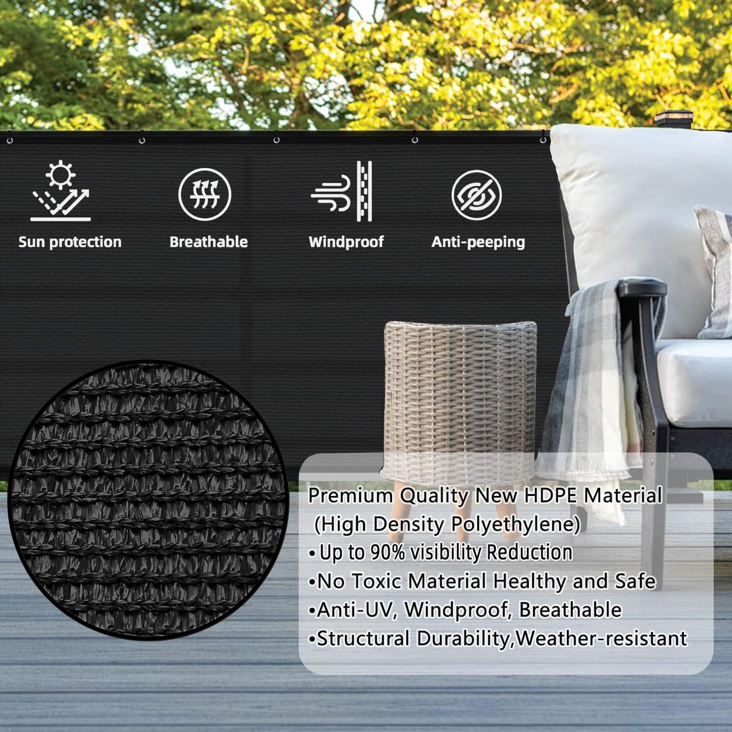 SUNLAX 3'x16' Black Balcony Privacy Screen Fence Windscreen Cover Fabric Shade Mesh Cloth with Grommets UV Protection for Patio, Backyard, Porch, Railing Shield 90%