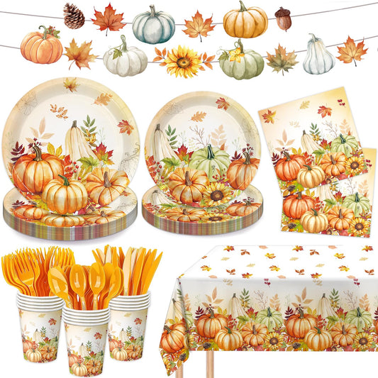 170PCS Fall Party Decorations Kit Includes Pumpkin Harvest Disposable Paper Plates, Napkins, Cups, Cutlery, Banner, Tablecloth for Autumn Holiday Thanksgiving Autumn Party Decorations, Serve 24
