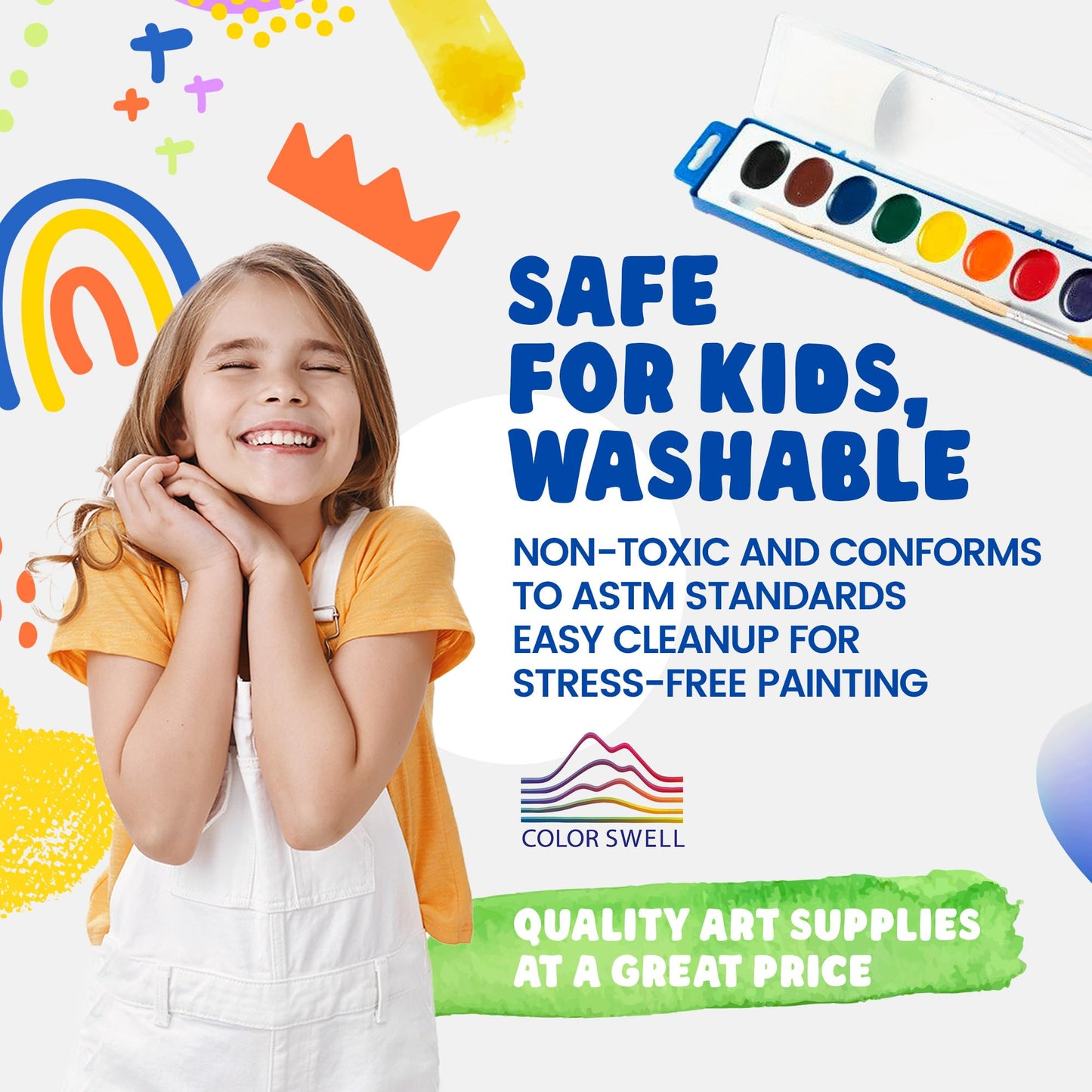 Color Swell Washable Bulk Watercolors Paint, 18 pack, 8 Colors, Wood Brush, Classroom Bulk Paint Pack - Bulk Watercolors