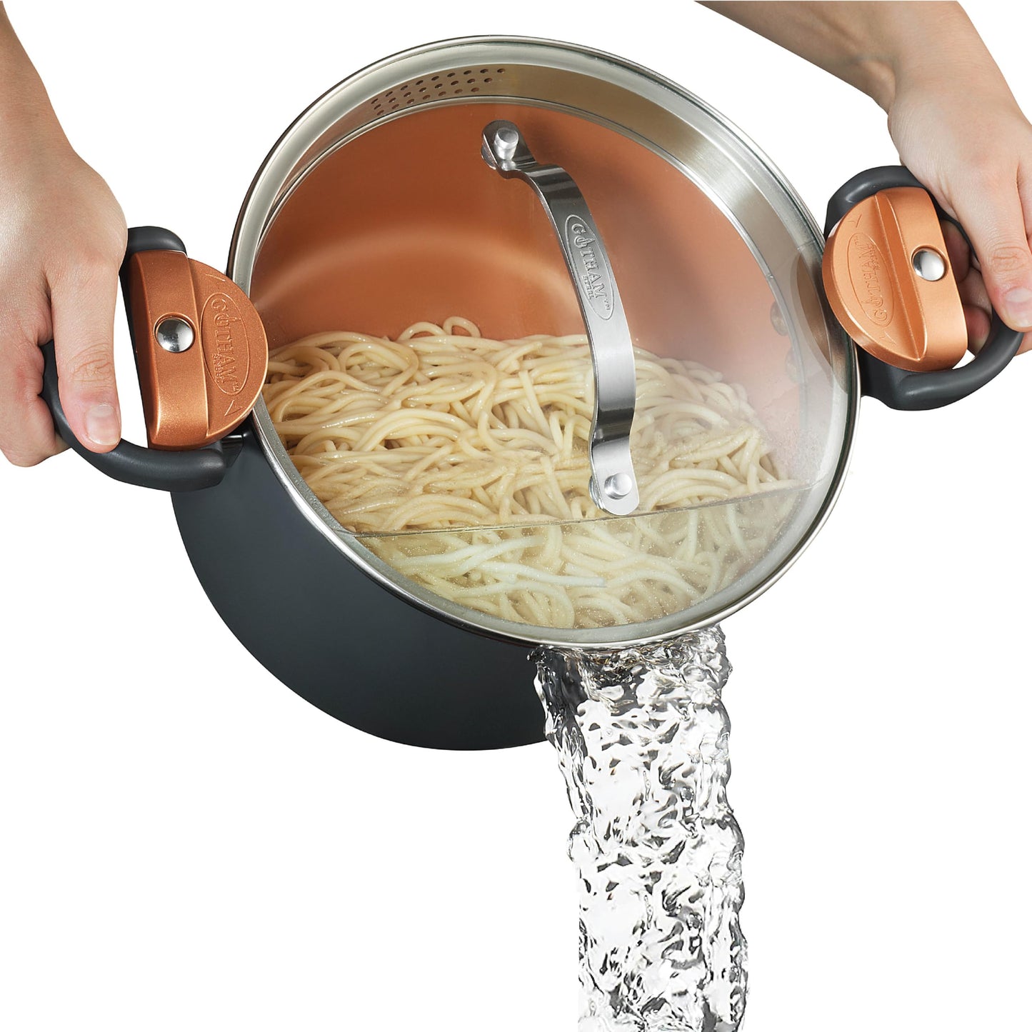 Gotham Steel 5 Quart Stock Pot with Strainer Lid, Nonstick Coated Ceramic Pot, Soup Pot, Pasta Pot with Strainer Insert, Cooking Pot with Lid and Twist Lock Handles, Dishwasher Safe, 100% Toxin Free
