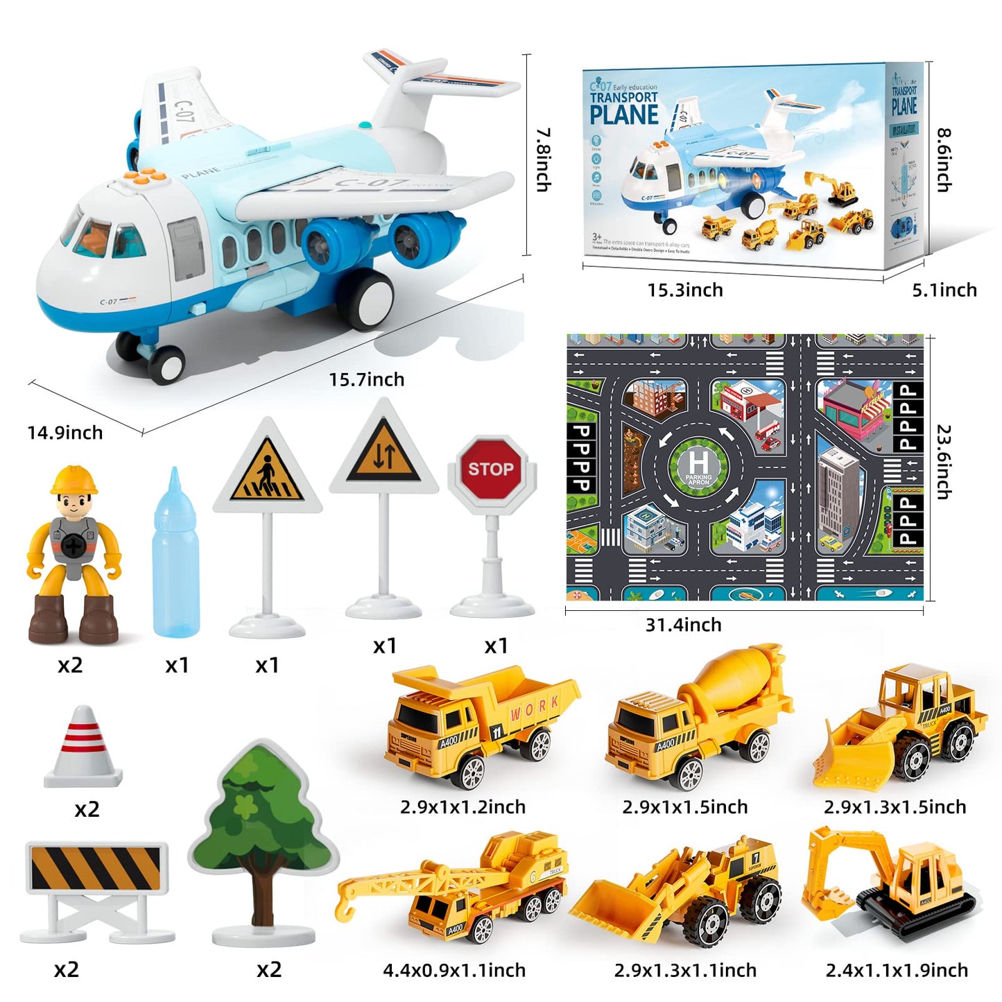 Transport Cargo Airplane, Large Theme Airplane Toy Set,Educational Toy Vehicle Play Set with Smoke, Sound and Light, Fricton Powered Airplane with Mini Cars, Birthday Gift for Boys and Girls