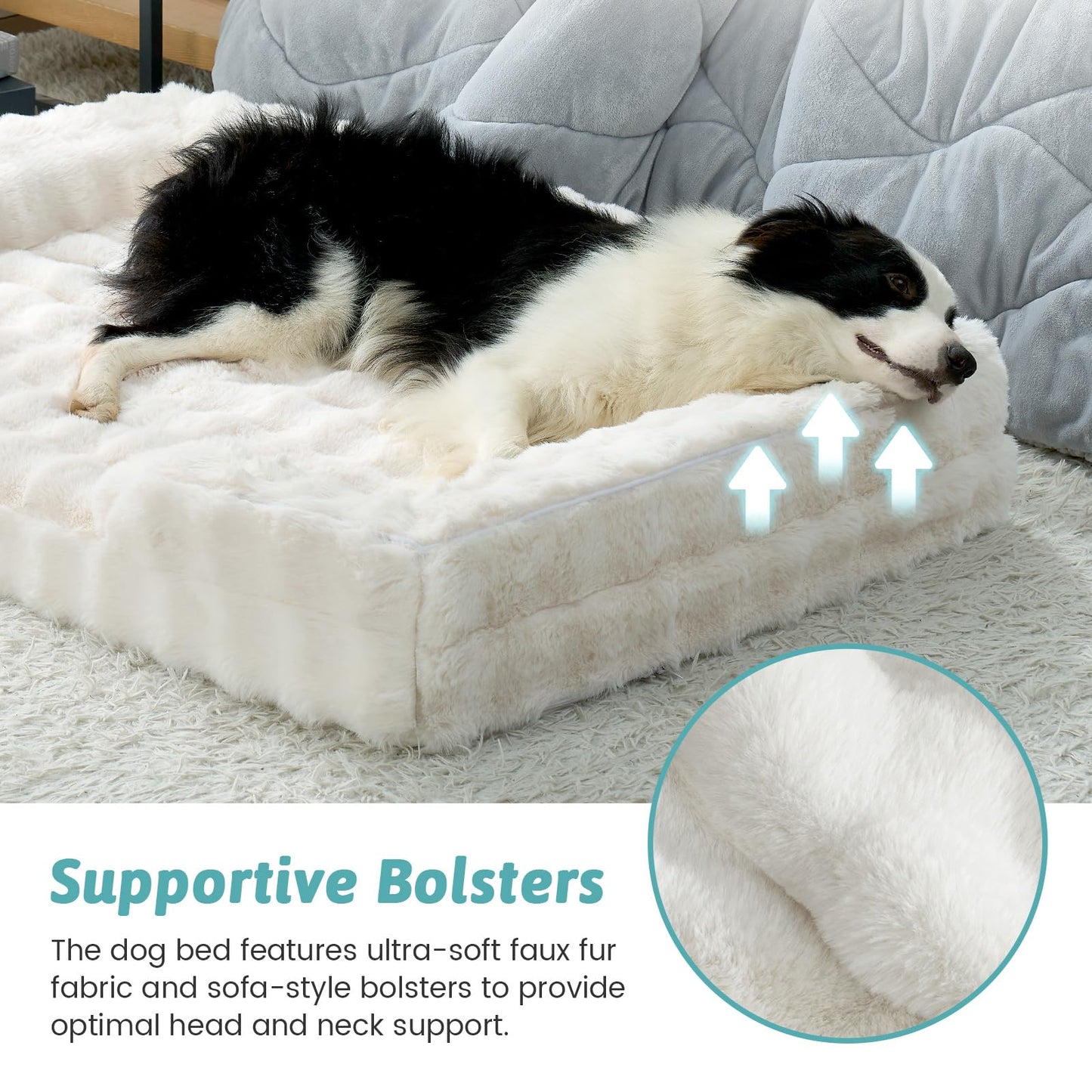 COZY KISS Orthopedic Dog Bed for Large Size Dog, Soft and Warm Faux Fur Extra Large Sofa for Pet Up to 100 lbs, Foam Bolster Anti-Slip Couch with Washable Removable Cover, XL 44x32x7 inch, Beige