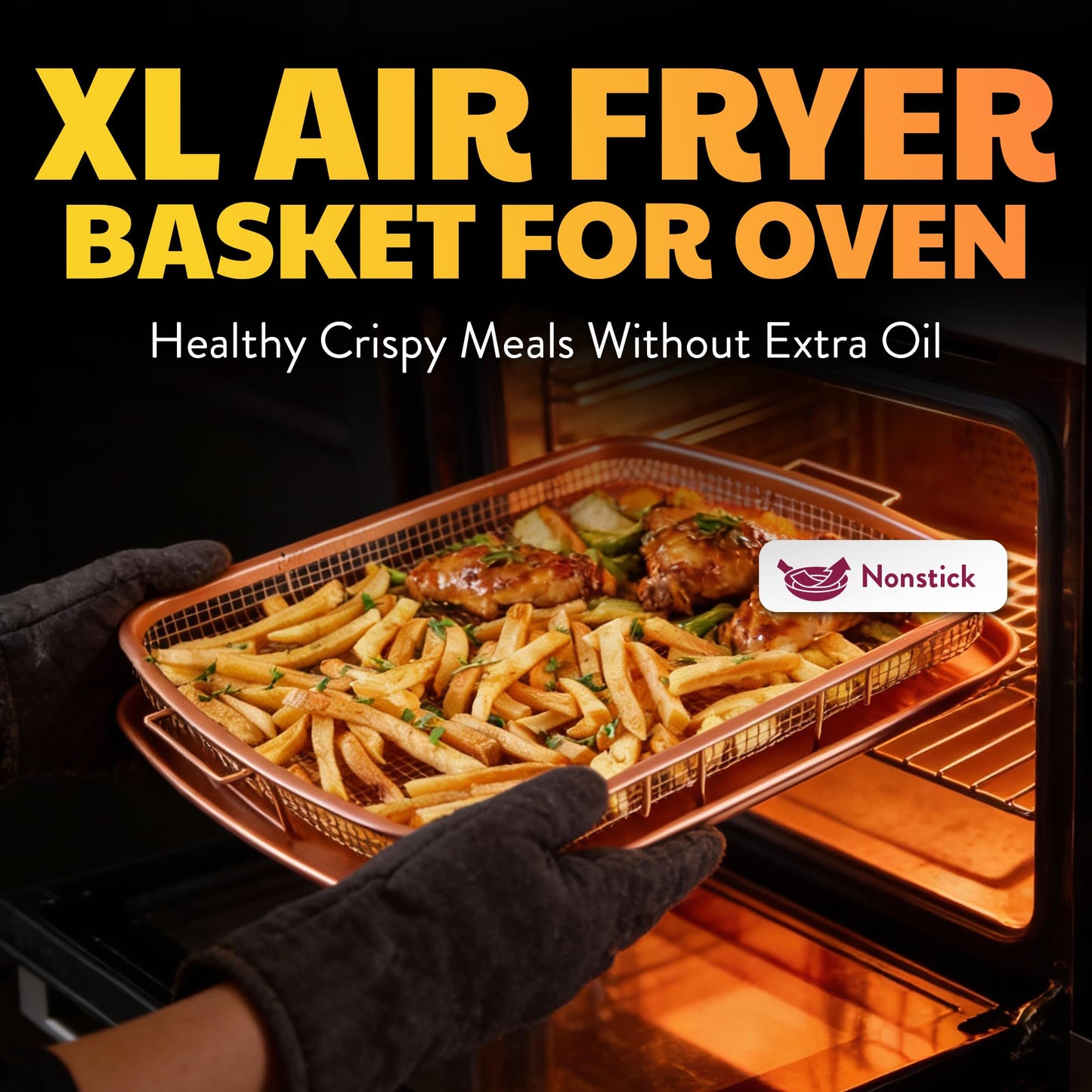 Gotham Steel Air Fryer Tray, Air Fry Basket for Oven, 2 Piece Nonstick Copper Crisper Tray, Air Fry for Convection Oven, Also Great for Baking & Crispy Foods, Dishwasher Safe – XL 16.5” x 12.5”