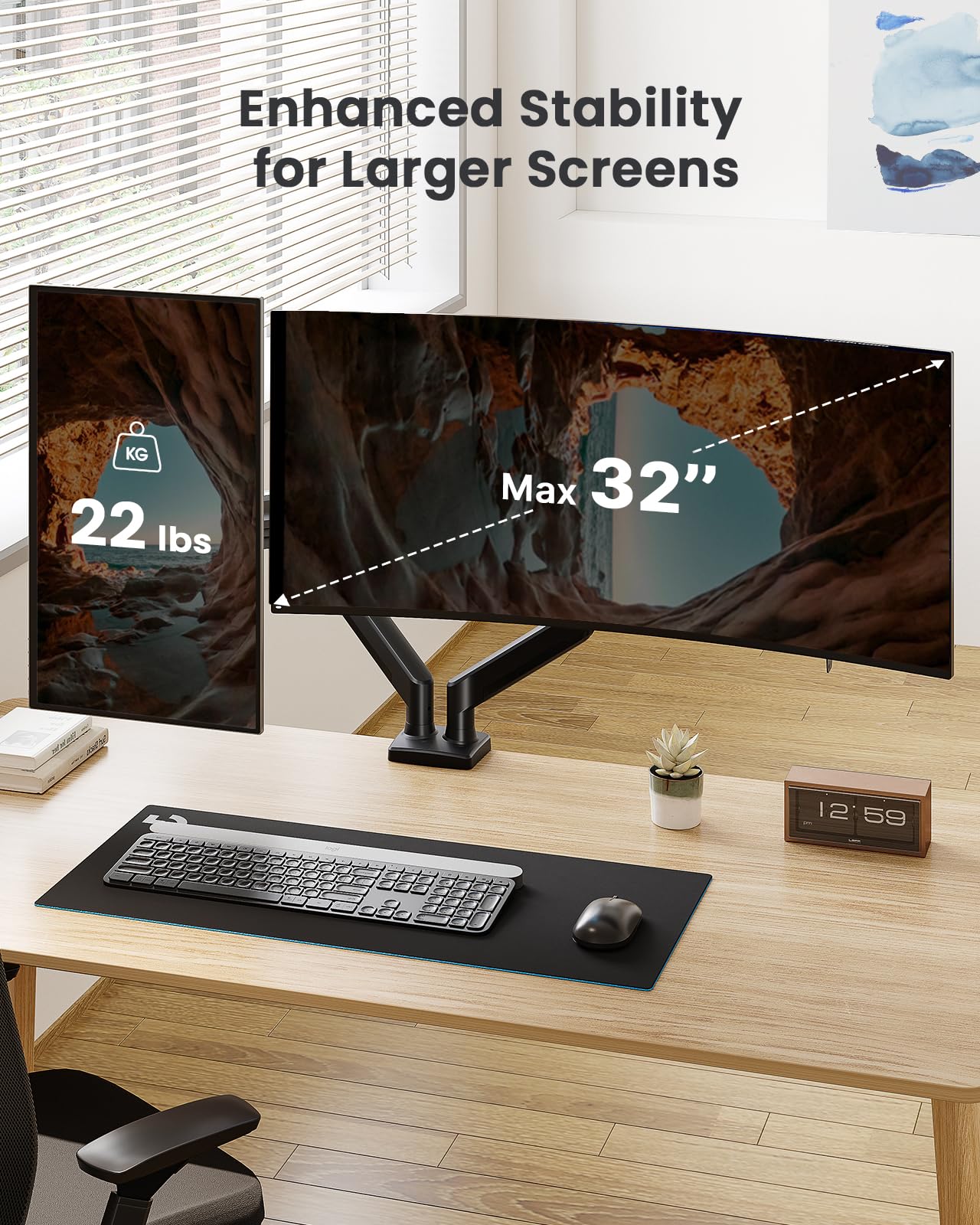 ErGear Dual Monitor Mount, Two Arms for 17"-32" Screens, Max 22 lbs Each, VESA 75/100mm, Adjustable Height, 180° Swivel, Tilt, 360° Rotation, Sturdy Steel for Office Use