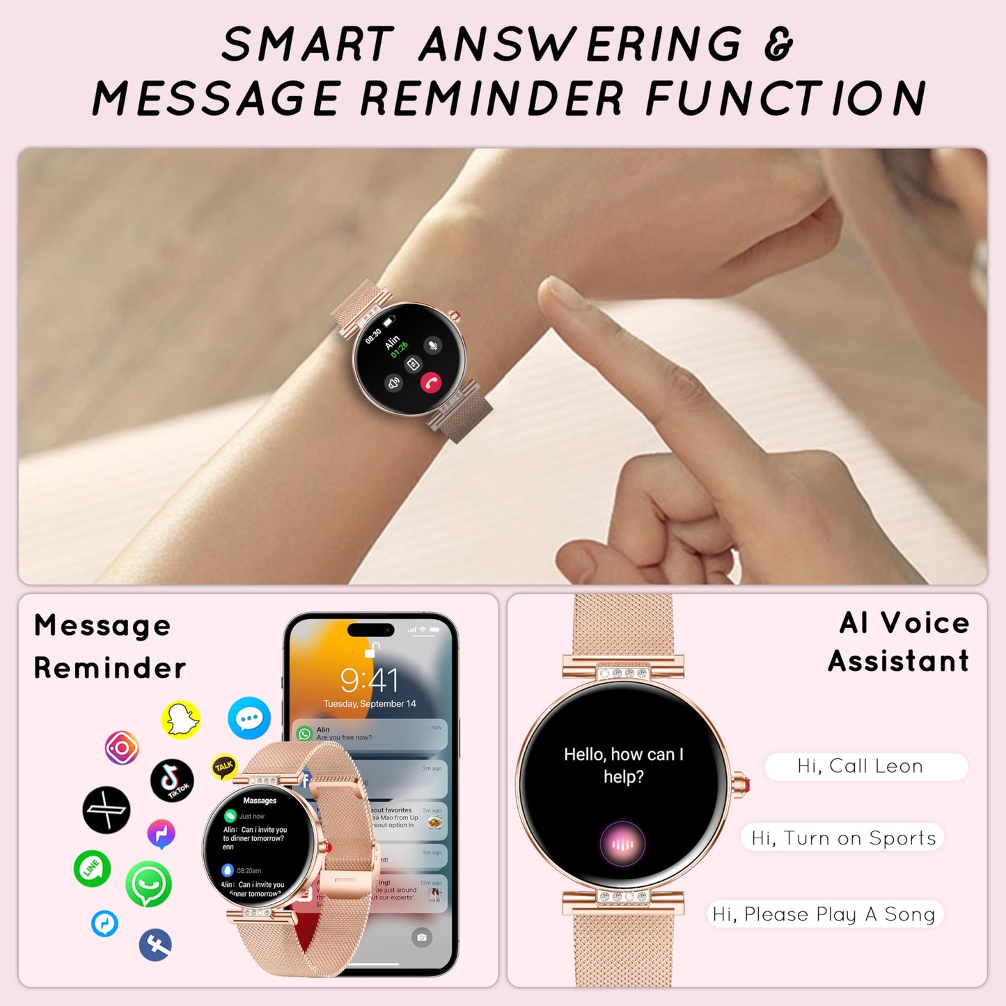 Smart Watch for Women 1.19” HD AMOLED Touchscreen Small Fitness Smartwatch with Bluetooth Call/DIY Dial/Heart Rate/Sleep Monitor, 120+ Sports Mode IP68 Waterproof for Android/iOS, Rose Gold 38MM