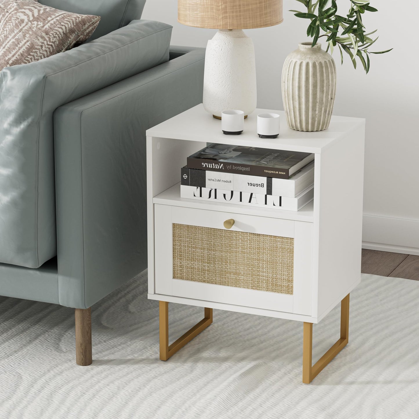 Masupu Rattan Nightstand,Modern Boho Farmhouse Wood Side Table with Storage Drawer and Open Shelf,Small Gold Frame Bedide End Table for Bedroom,Living Room,Office,White