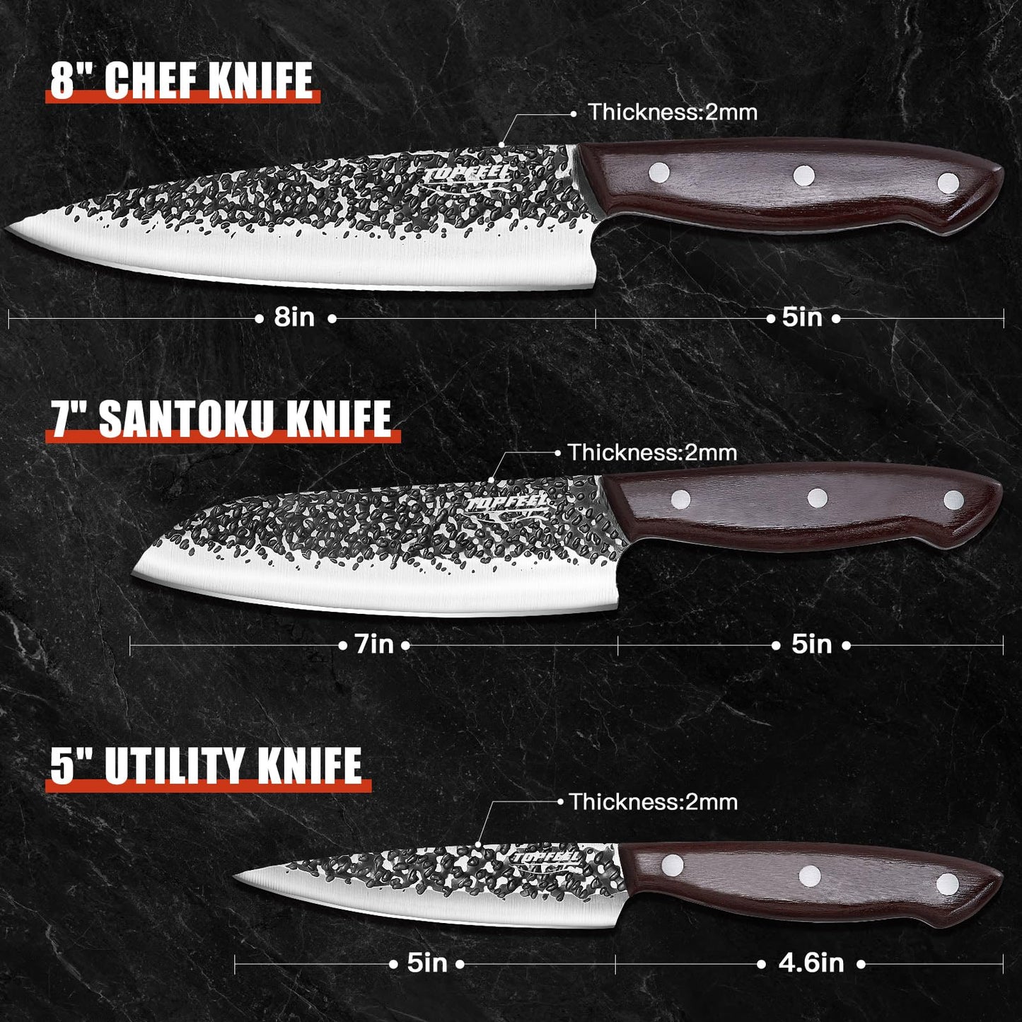 Topfeel Chef Knife 3PCS, High Carbon Hand Forged Stainless Steel Japanese Knife Sets, Ultra Sharp Professional Kitchen Knife Sets with Wood Ergonomic Handle