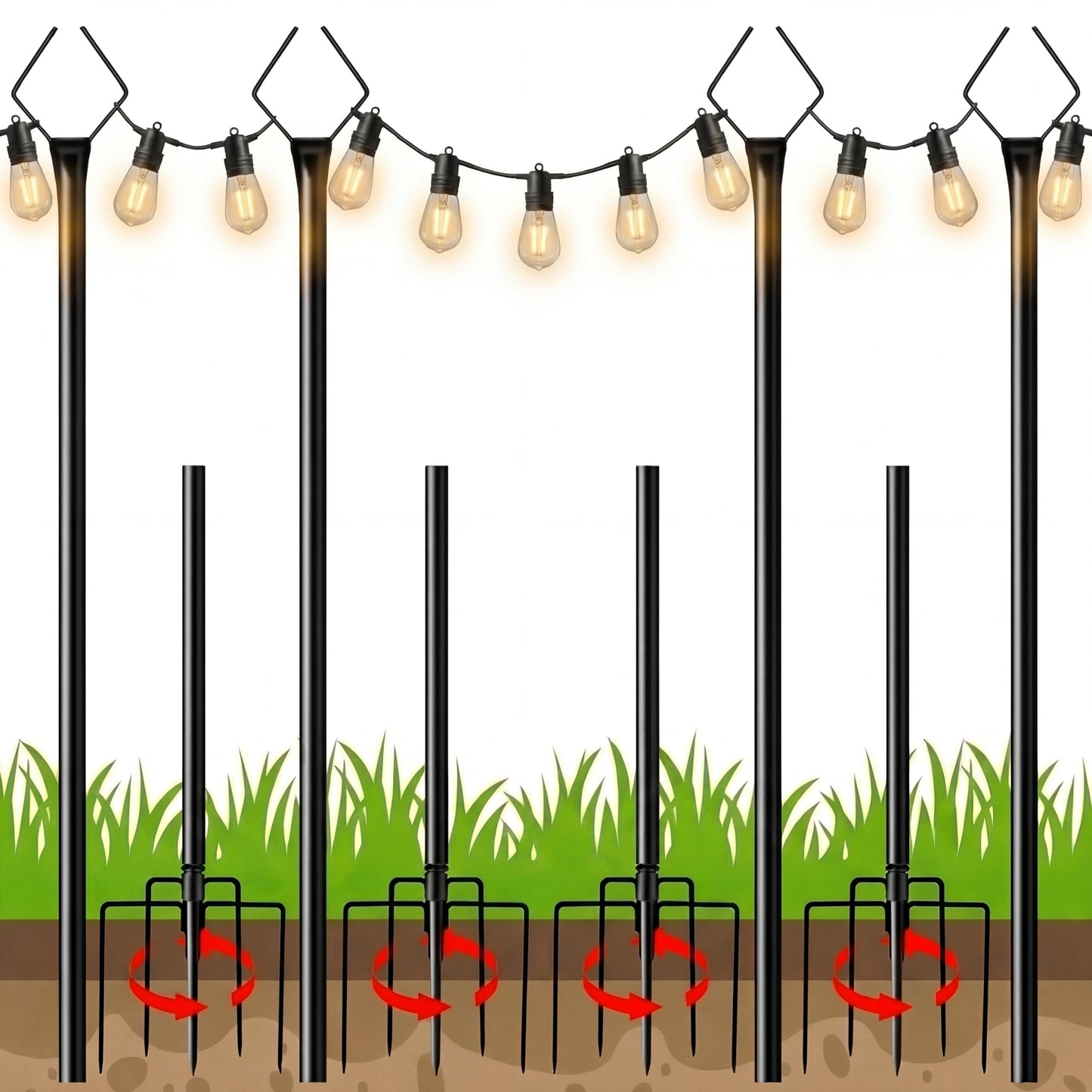 10FT String Light Poles 4 Pack, Outdoor Metal Light Stands with Fence Brackets for Hanging Lights, Patio, Pergola, Garden, Backyard, Yard & Camping Use
