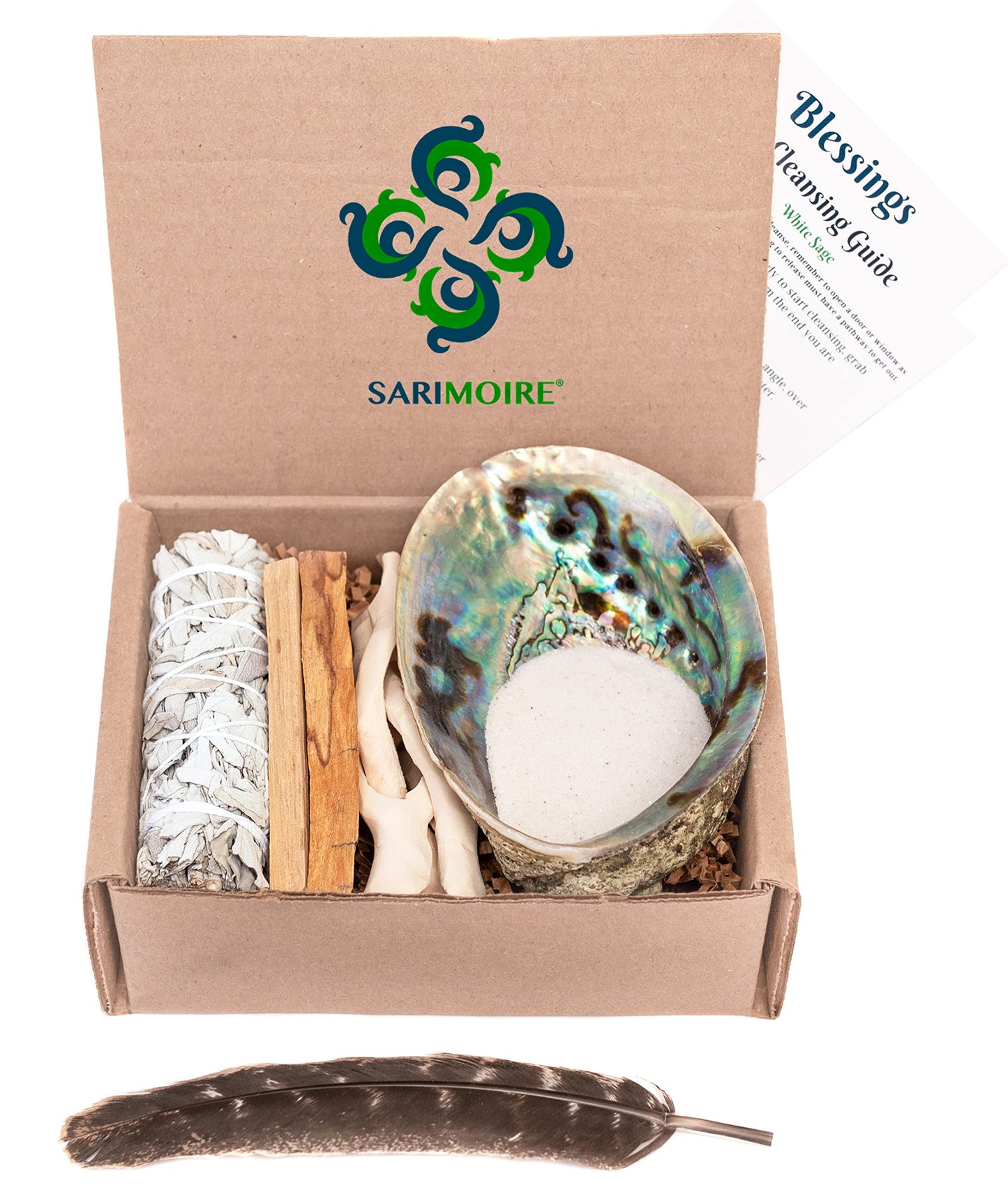 Sage Kit - White Sage Smudge Stick ~ Abalone Shell for Smudging ~ Palo Santo Sticks ~ 2 inchTripod Stand ~ 8 inch Feather and White Sand