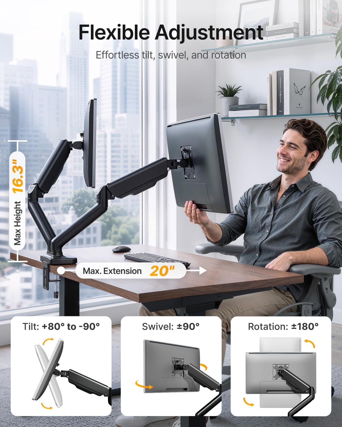 monTEK Heavy Duty Dual Monitor Arm for 17-32” Flat/Curved Screens, Premium Mechanical Spring Monitor Arm up to 19.8 lbs, Full Motion Monitor Desk Mount with Quick-Release VESA 75/100mm, Clamp/Grommet