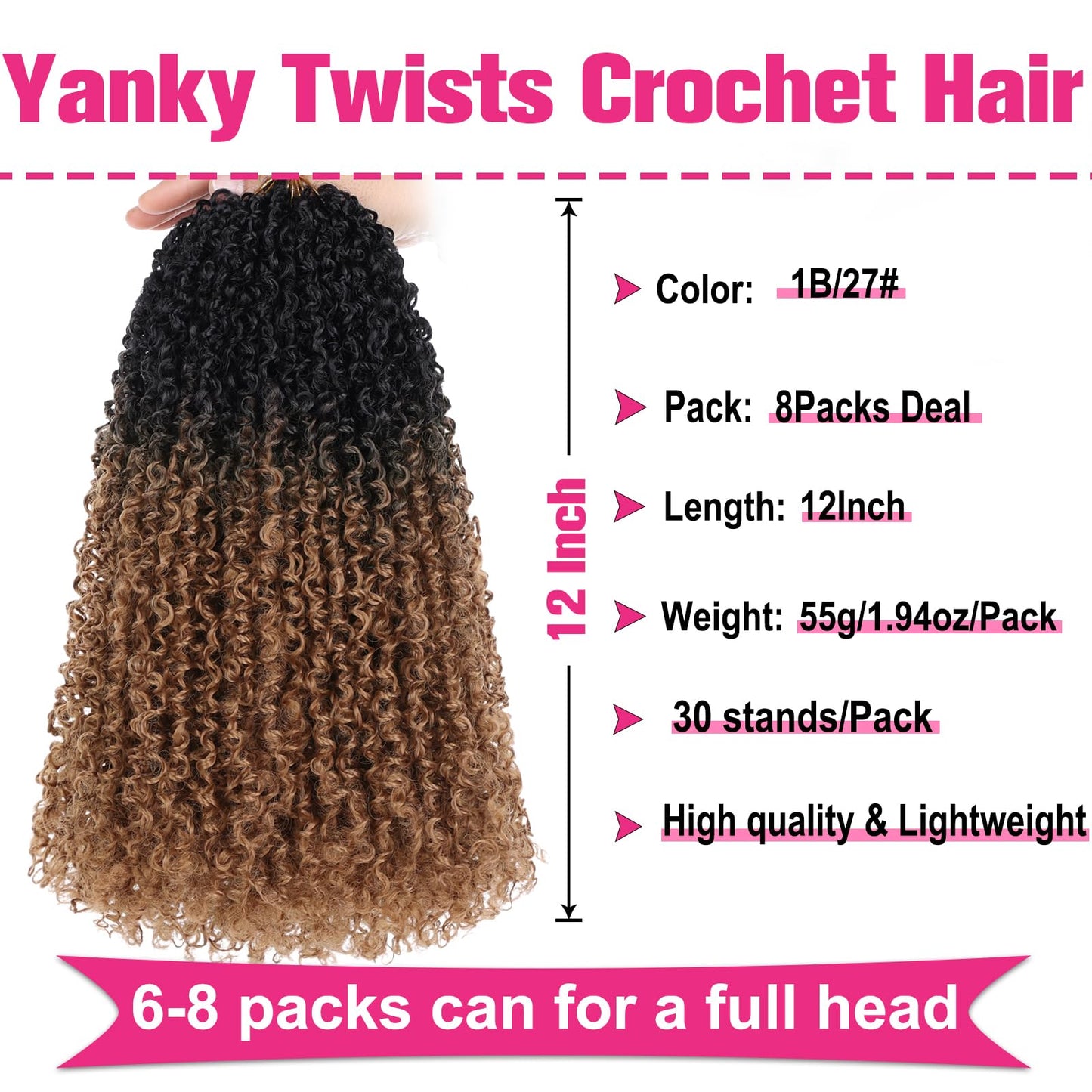 Unionbeauty 12 Inch Pre-twisted Yanky Twist Crochet Hair 8 Bundles Pre-looped Mini Spring Twists Hair Senegalese Twist Crochet Braids Hair with Bouncy Synthetic Marlybob Crochet Hair Extensions 1B/27#