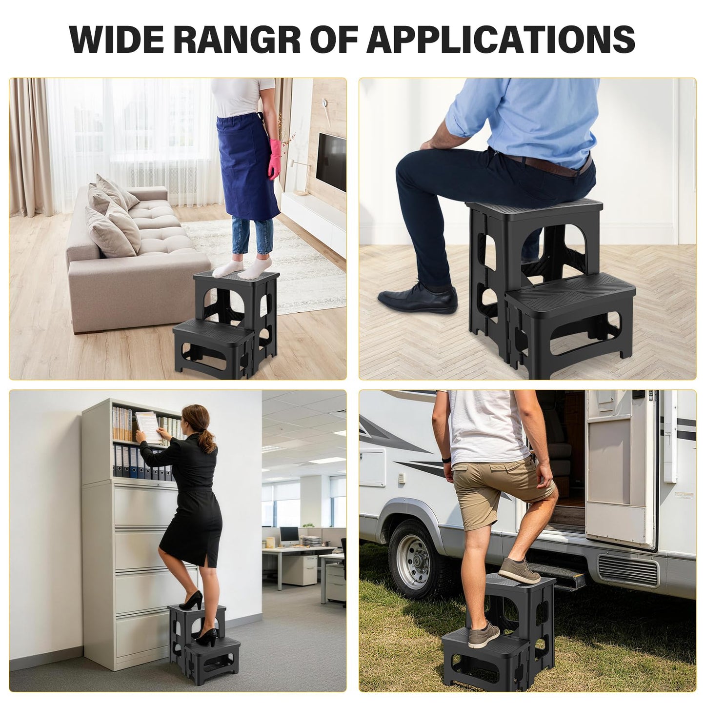 Folding 2-Step Stool for Adults, Non-Slip Collapsible Footstool for Office, Portable Bedside Step Stool, Hold up to 300 lbs, Lightweight & Foldable Step Ladder for Pool Office Home RV