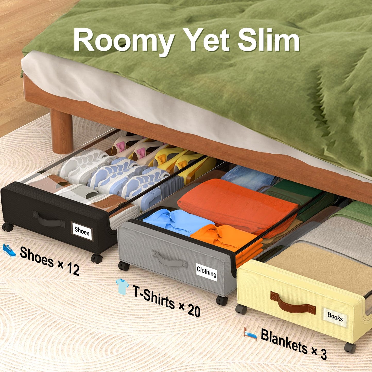 GoMaihe Under Bed Storage with Wheels: 48L Underbed Storage Bins with Lids - Rolling Rangement Vetement sous le Lit - Containers for Clothes Shoes in Bedroom - Easy Pull-out Black 2-Pack