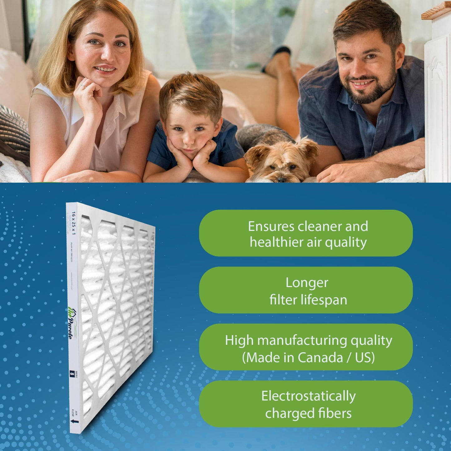 16x25x1 Furnace Filter | AirPurete AP- 3M16251 | Actual Size 15 1/2" x 24 1/2" x 3/4" | MERV 8 | Pack of 6 | Manufactured in Canada