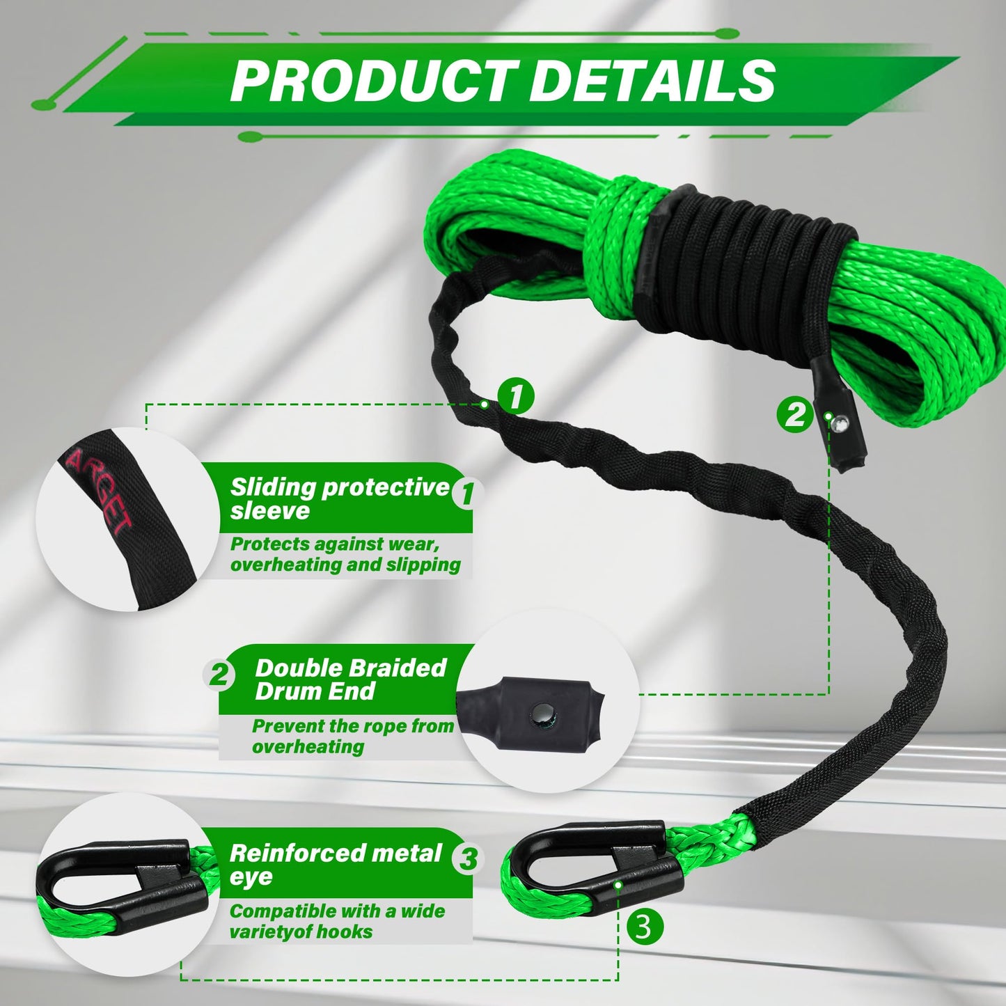 TYT Synthetic Winch Rope Kit, 1/4" x 50' (10,000 lbs) with Protective Sleeve, Heavy-Duty Hook, Rubber Stopper & Safety Pull Strap, for ATV/UTV and Off-Road 4x4 Vehicles (Green)