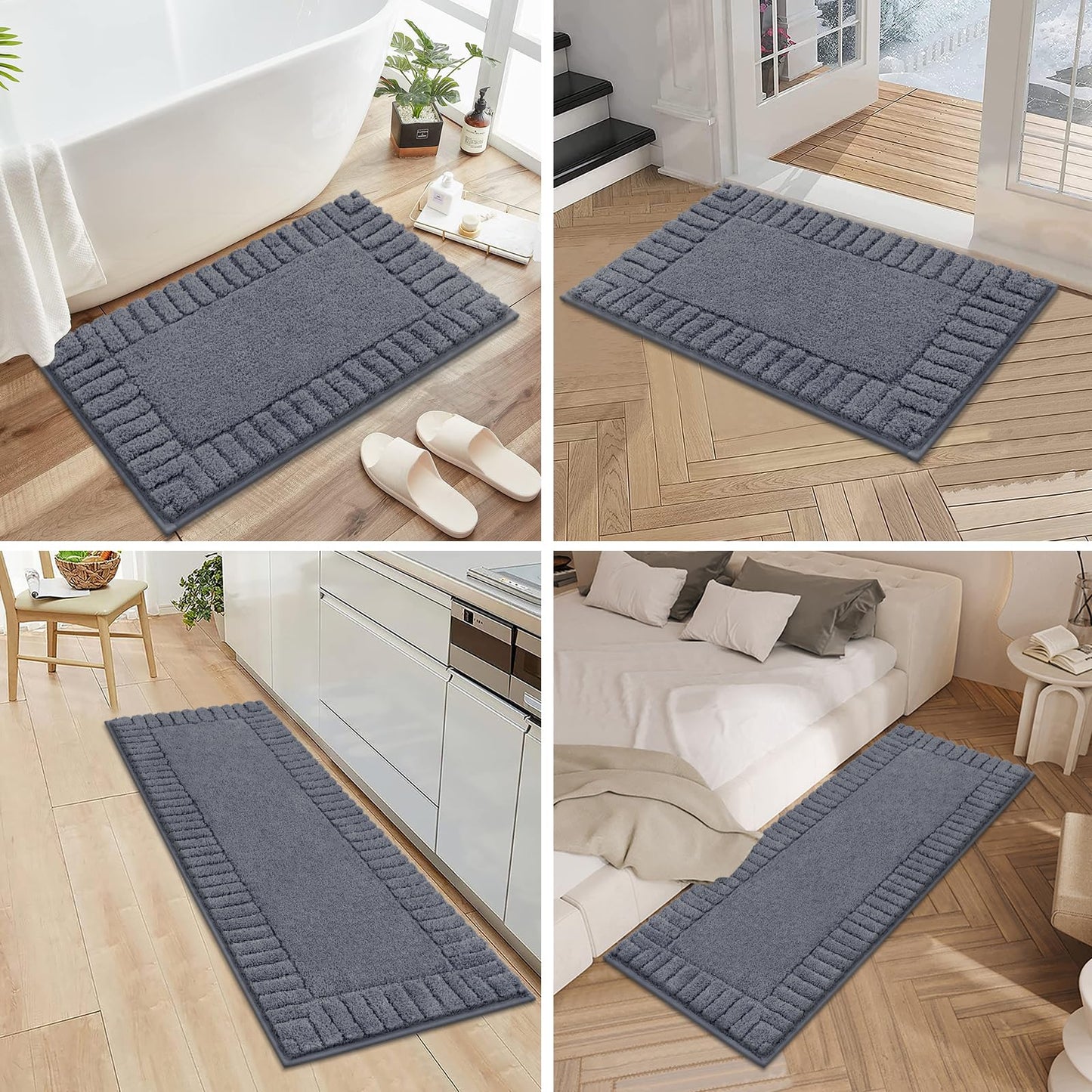 Pauwer Bath Mat Non Slip Bathroom Mat Sets 3 Piece Absorbent Bath Rugs for Bathroom Plush Shaggy Bathroom Rugs Set with U-Shaped Contour Toilet Mat Machine Washable, Dark Grey