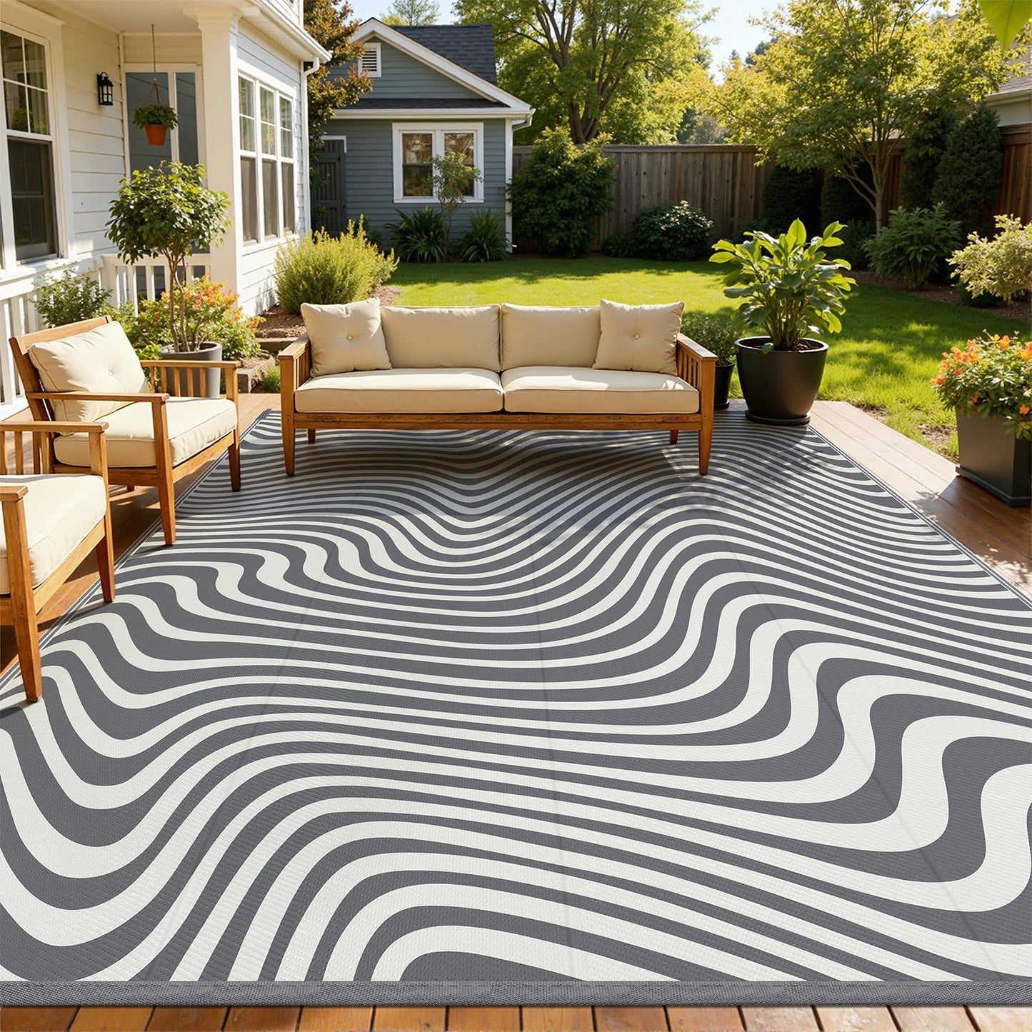 Vaukki Outdoor Patio Rug 8x10, Waterproof Woven Plastic Straw Camping Area Mat, Grey RV Striped Outside Reversible Carpet Clearance for Porch Backyard Deck Balcony