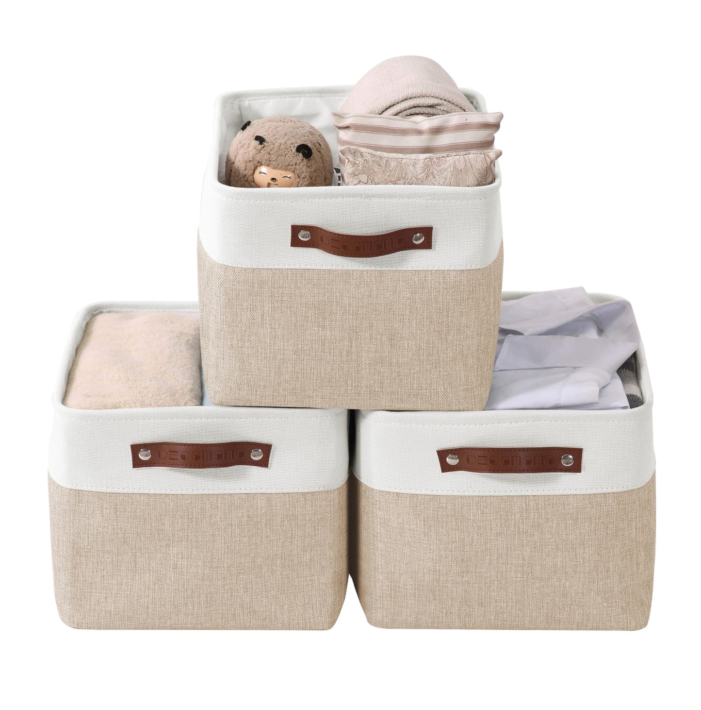 DECOMOMO Storage Bins Fabric Storage Baskets for Shelves, Linen Closet Organization Toys Nursery (Beige and White, Large - 3 Pack)