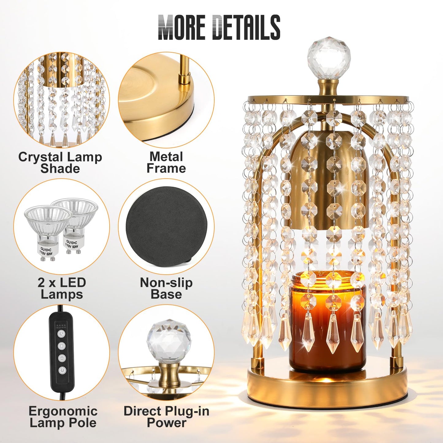 Lewondr Candle Warmer Lamp with Timer & Dimmable, Candles Warmer Lamp Crystal Wax Melt Tool with 2 Bulbs, Electric Candle Melter Decor for Bedroom Home, Gold