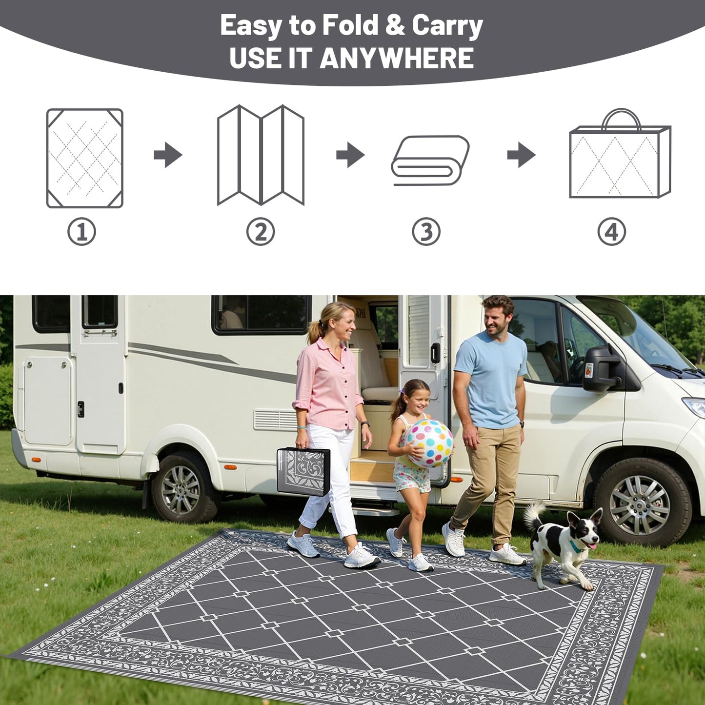 HEBE 5x8 Outdoor Rug Waterproof, Reversible Outdoor Area Rug, Portable Plastic Outside Rug Carpet, Geometric RV Camping Rug Mat for Patio Picnic Backyard Deck Balcony Porch Beach Trailer, Grey