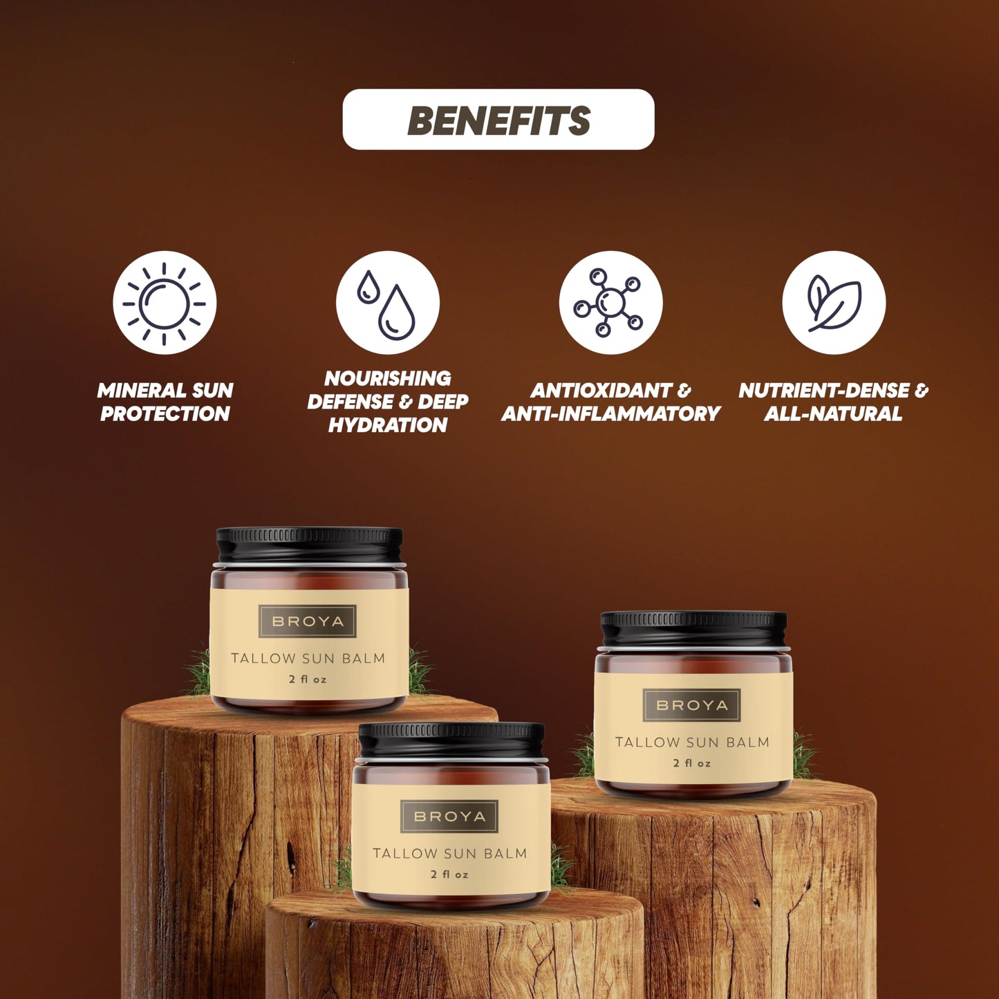 Broya Tallow Sun Balm – Mineral Face & Body Balm with 20% Non-Nano Zinc Oxide – 100% Grass-Fed Beef Tallow Moisturizer – Skin Support with Vitamins A, D, E, K – Fragrance-Free – 2 fl oz