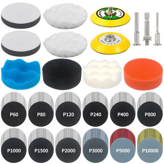 133 PCS Sanding Disc Drill Polishing Kit Sanding Attachment, 3 Inch Wet Dry Headlight Restoration Kit, Hook and Loop Sandpaper Pad with Rotary Tools for Car Wood Metal Glass Resin Expoxy 60-10000 Grit