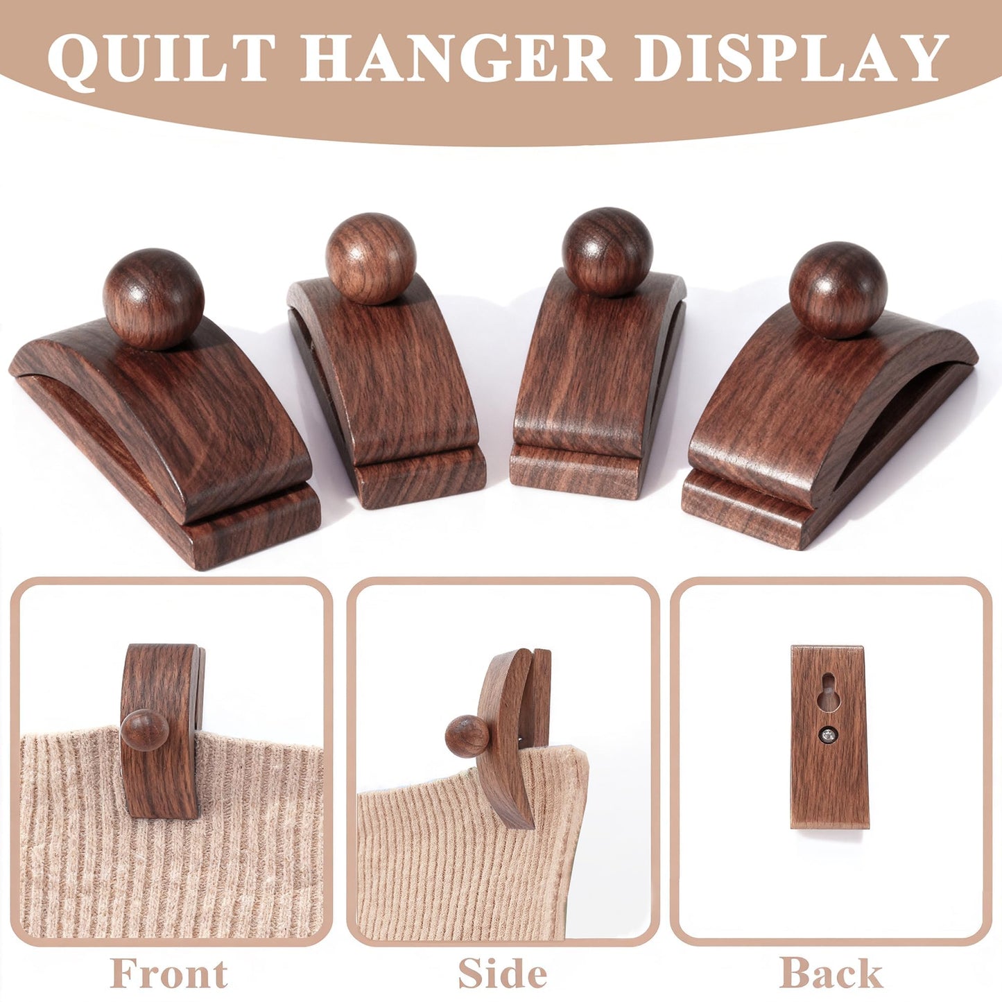 OHIYO Solid Walnut Wood Tapestry Wall Hangers 4 Pack Quilt Hangers, Blanket Hanger Clamps for Display, Wooden Wall Clips for Hanging Rug