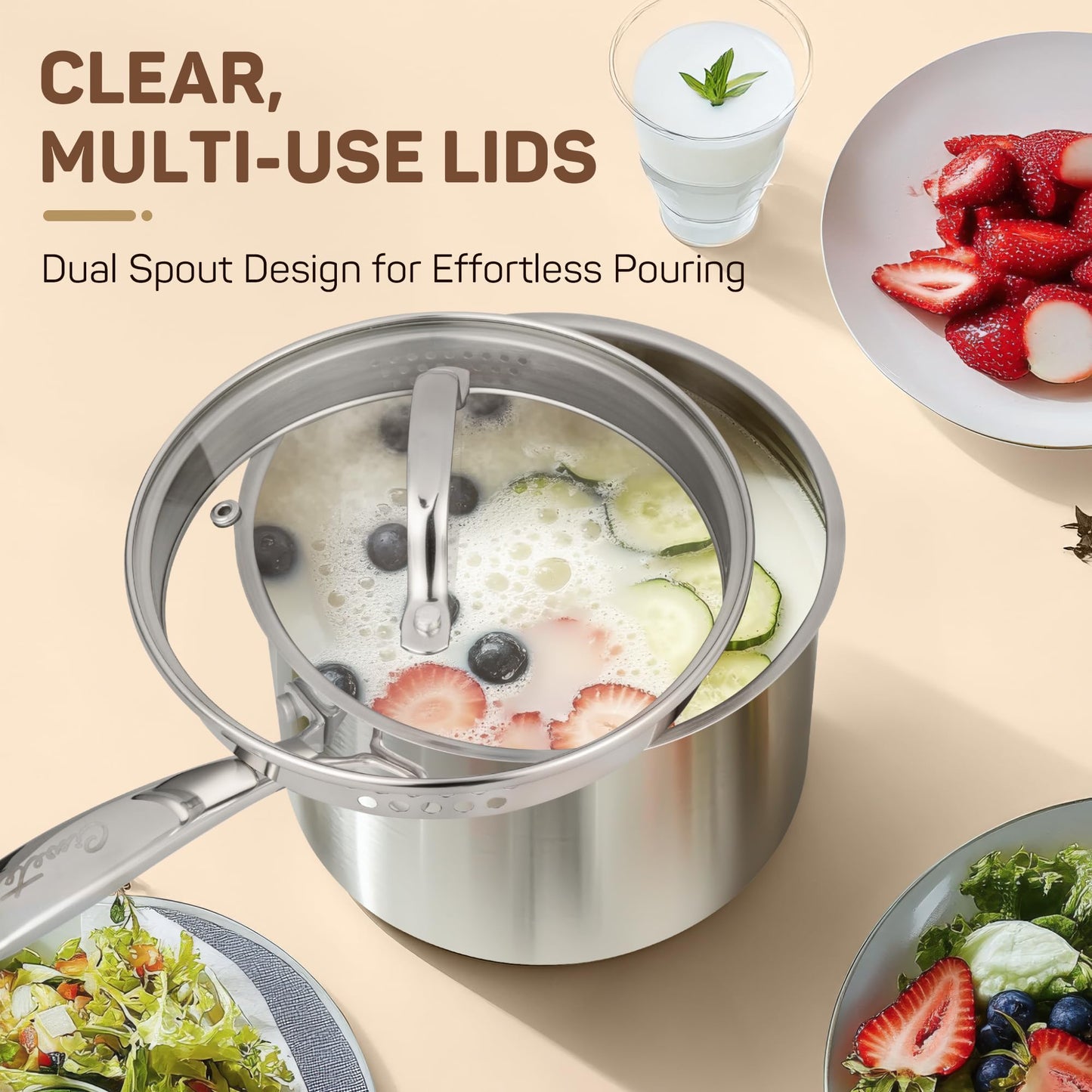 Ciwete 2 Qt Stainless Steel Saucepan with Glass Strainer Lid, 2 Quart Pot Stainless Steel Sauce Pan with Pour Spout, Mirror Polishing, Compatible with All Cooktops Dishwasher Safe Oven Safe
