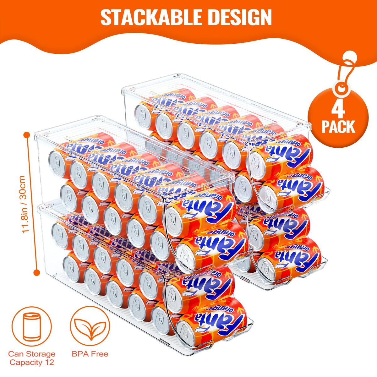 SCAVATA Soda Can Organizer for Refrigerator, Stackable Canned Food Pop Cans Container Can Holder Dispenser with Lid for Fridge Rack Freezer, Clear Storage Bins-Holds 12 Cans Each (4 Pack)