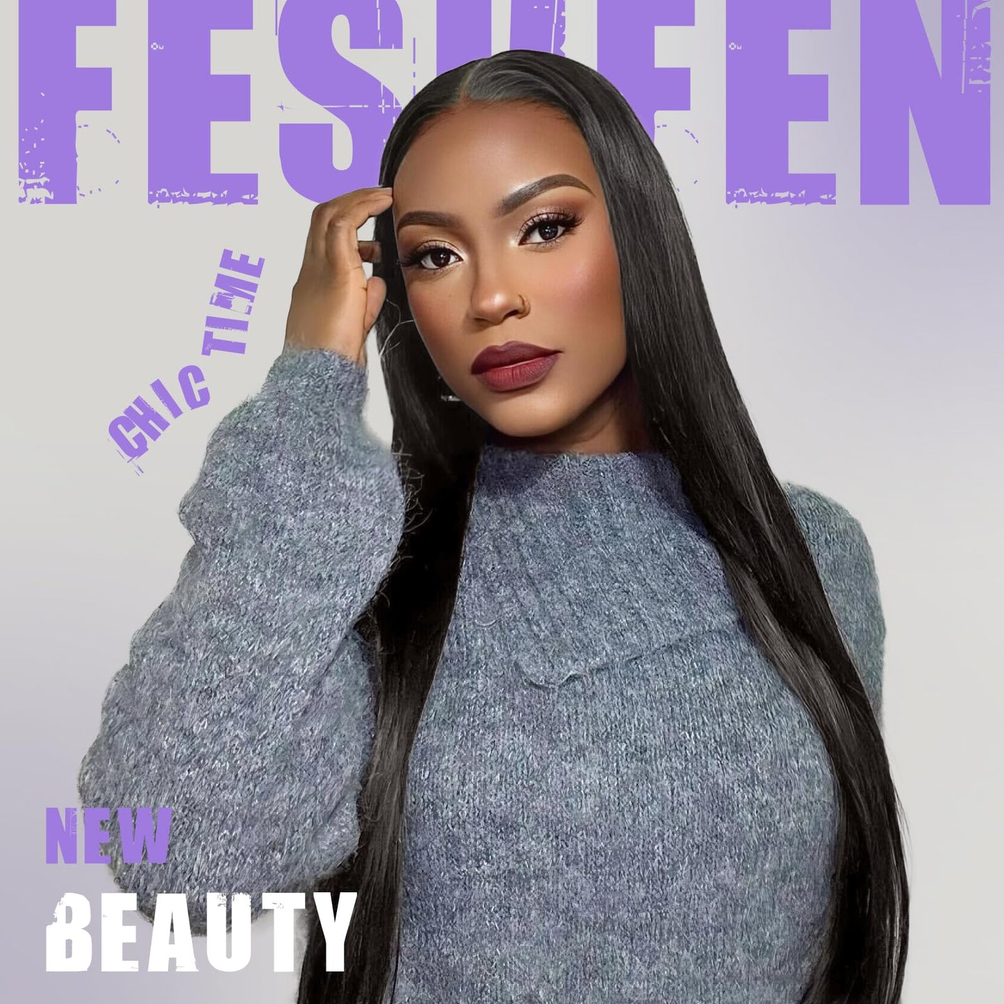 FESHFEN 13x4 Lace Front Wig - 30 inch Long Straight Natural Black Wigs Glueless Hair Wig for Black Women Synthetic Heat Resistant Pre Plucked Wig for Daily Party