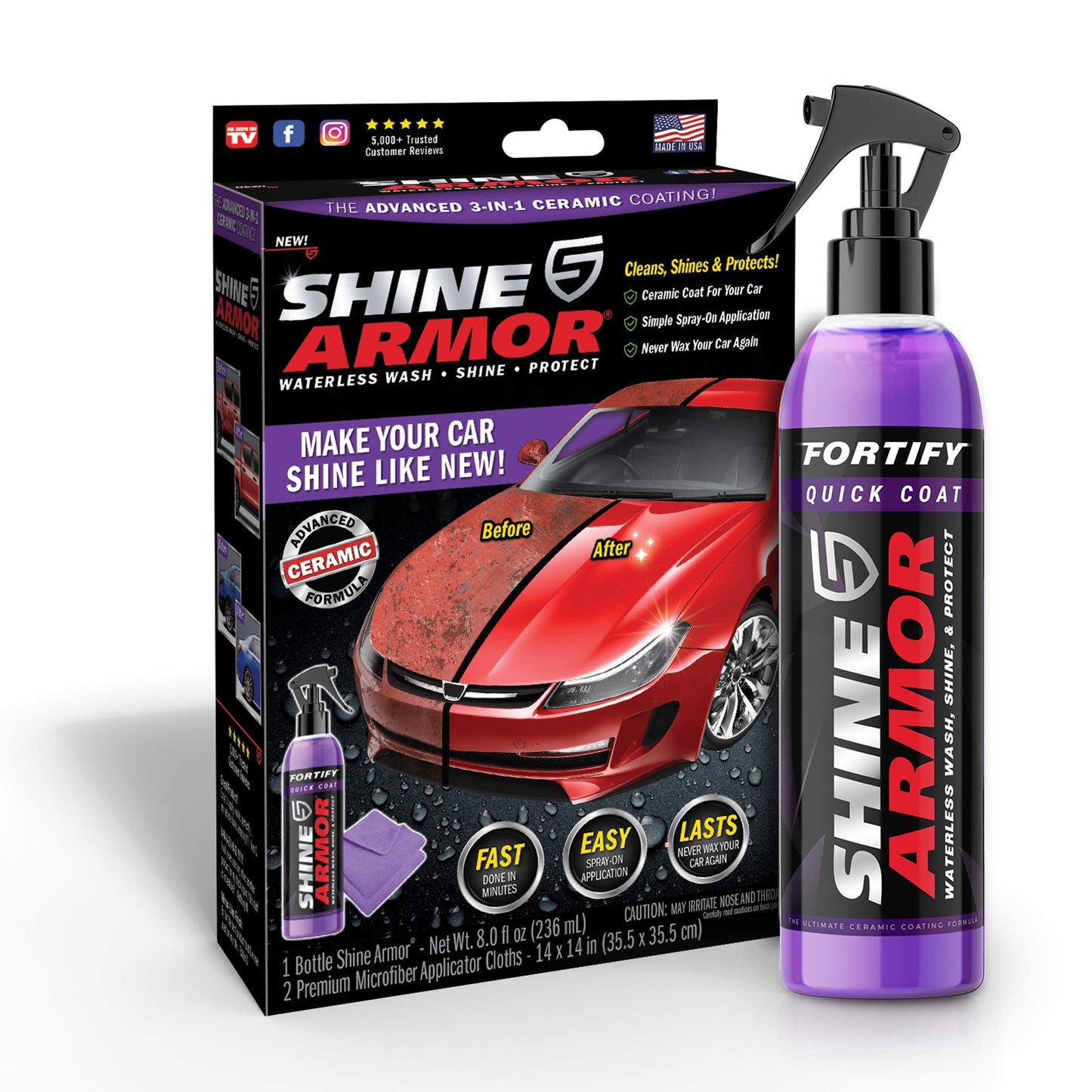 SHINE ARMOR Fortify Quick Coat High Performance Ceramic Coating, Car Wax Spray, Hydrophobic Top Coat Polish and Polymer Paint Sealant Protection for Vehicle Leather Seat, Tires, Bumpers, Rims Made in USA