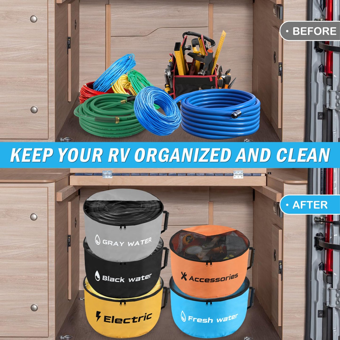 5 Pack RV Sewer Hose Storage, Visible Cover and Two-Way Zipper RV Hose Storage Bags, Waterproof RV Accessories Utility Bag Organizer for Garden Fresh Water Hoses Electrical Cords Camper Tools