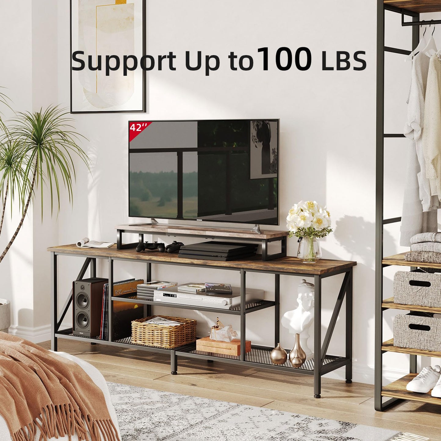 CAIYUN Dual Monitor Stand Riser, 39 inch Desk Riser Organizer for Computer, Laptop, Printer, Brown TV Screen Riser