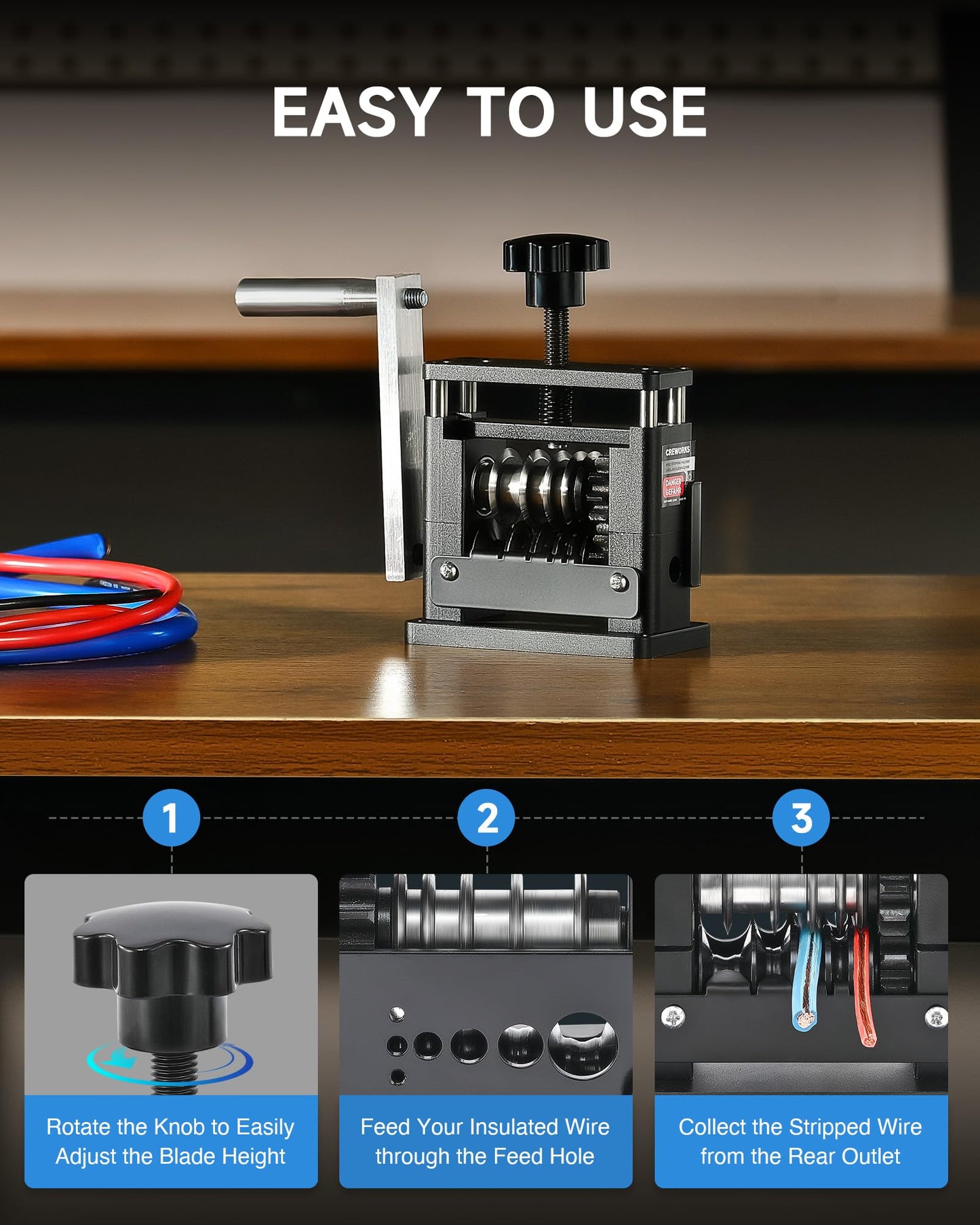 CREWORKS Manual Wire Stripping Machine, Drill Powered Wire Stripper Machine with 6 Channels 5 Blades, Portable Cable Stripper Tool with Hand Crank for 3.4 5 7 10 12 17 mm Scrap Copper Cables Recycling