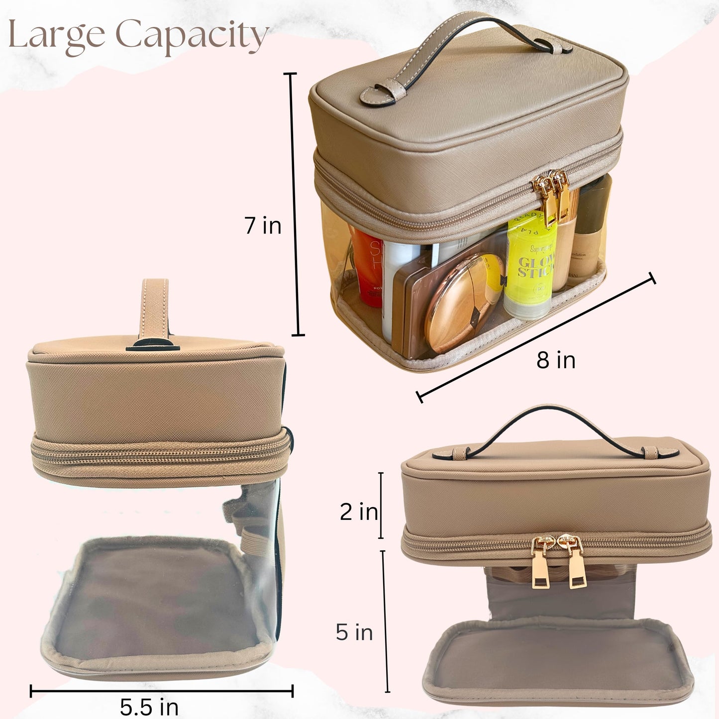 JAZD Clear Makeup Bag Toiletry Bag for Women Cosmetic Large Capacity Travel Make Up Bag Organizer Transparent Train Case TSA Approved, BEIGE, Tranparent Makeup Bag With Top Handle