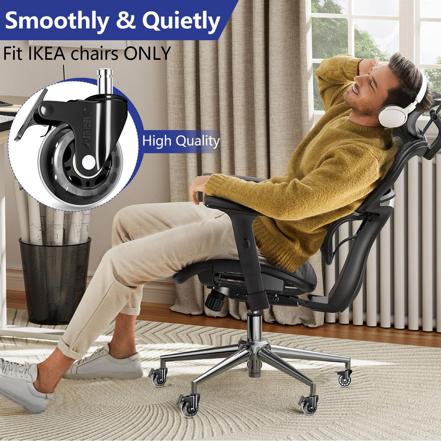 AGPTEK Set of 5-Office Chair Caster Wheels with Brakes, Quiet Office Chair Wheels Replacement with Locks (10x22mm) for Hardwood Floors and Carpet, No Noise, Heavy Duty Game Chair casters