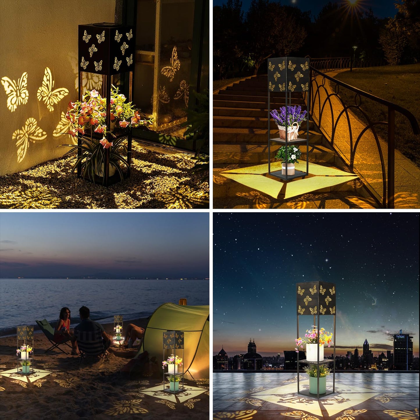 Butterfly Solar Lantern Outdoor Waterproof, 31inch Tall Large Garden Lanterns Solar Powered with 2-Tier Plant Stand, LED Pathway Lights for Outside Porch Patio Yard Balcony Christmas Decor Warm White