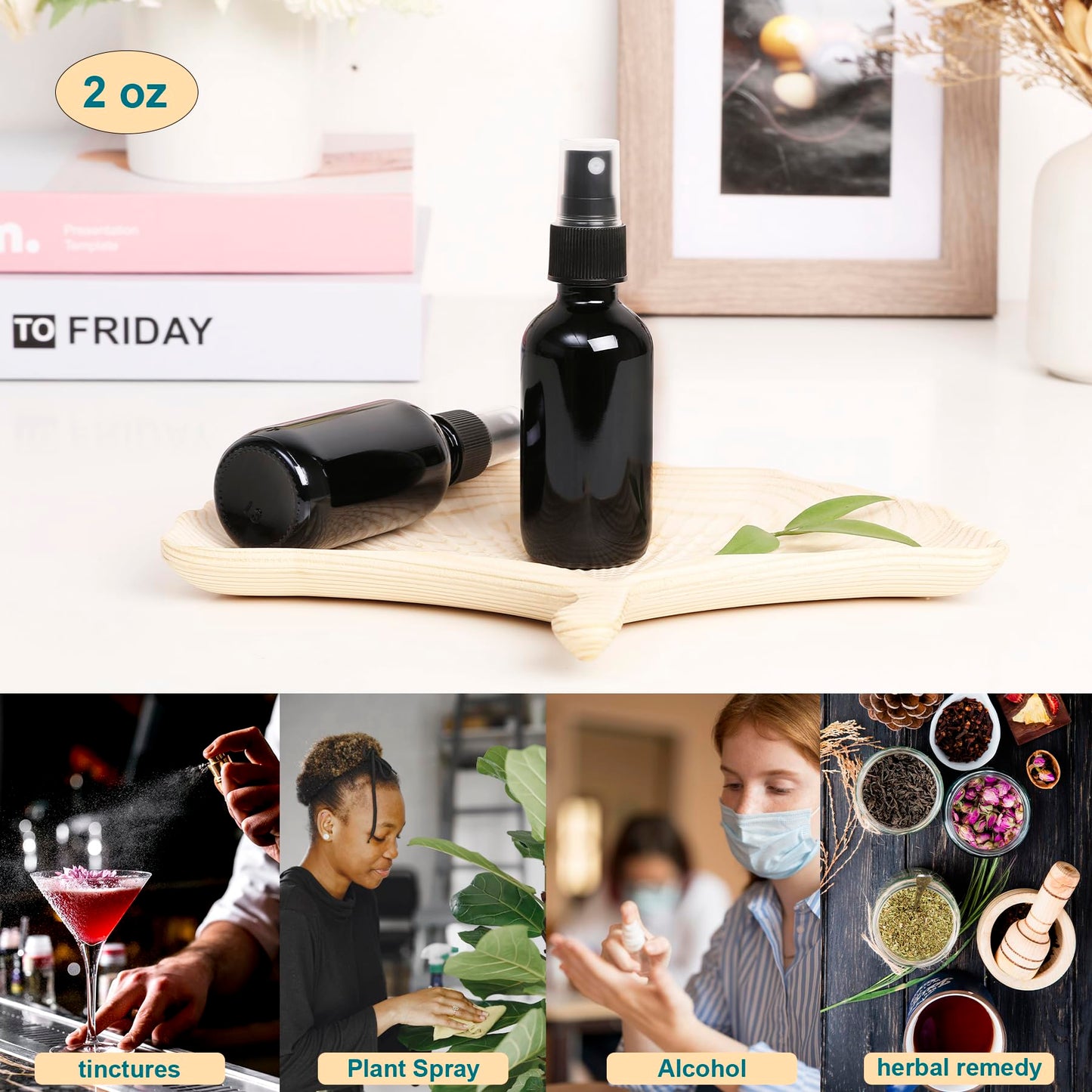 NOOEEISS Black Glass Small Spray Bottle 2 oz 24Packs,Fine Mist Sprayer Small Clear Bottles,Refillable Containers mini spray bottles for Cleaning Solutions and Skin Care (Black 24pcs)