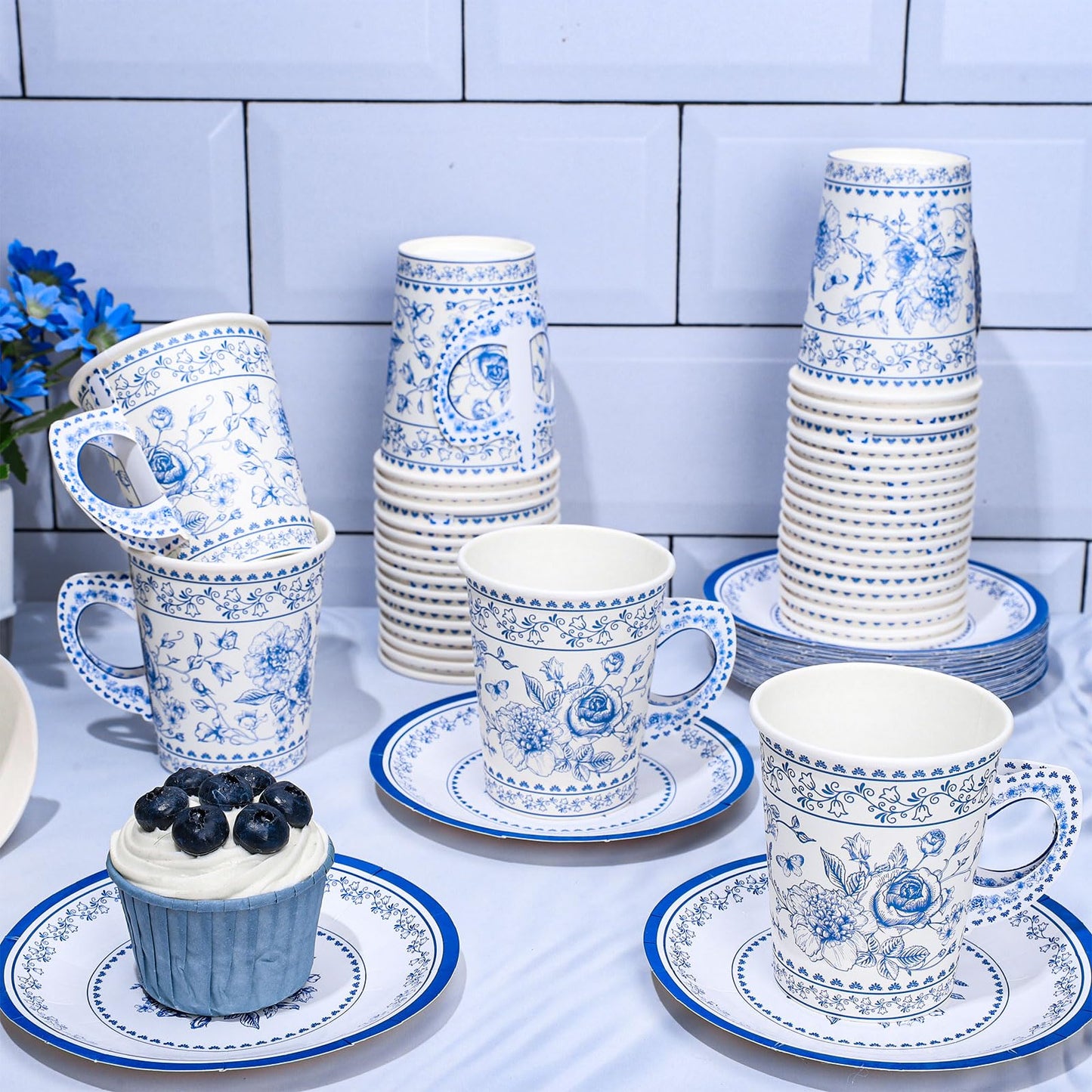 Whaline 80Pcs Blue White Floral Paper Tea Party Cups with Handles Chinoiserie Flower 9oz Disposable Teacups with Dessert Plates for Wedding Birthday Spring Tea Party