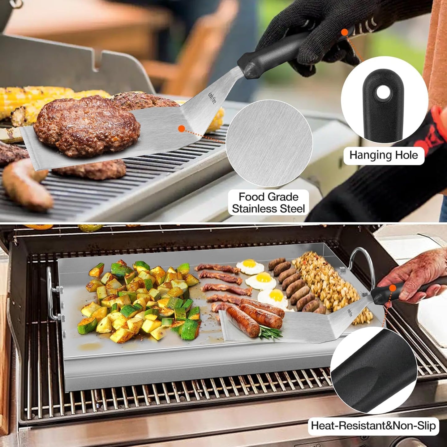 Onlyfire Griddle and Cooking Tool Kit, 18"×12.5" Outdoor Flat Top Griddle Plate with BBQ Scraper, Spatula and Scouring Pad for Gas and Charcoal Grills